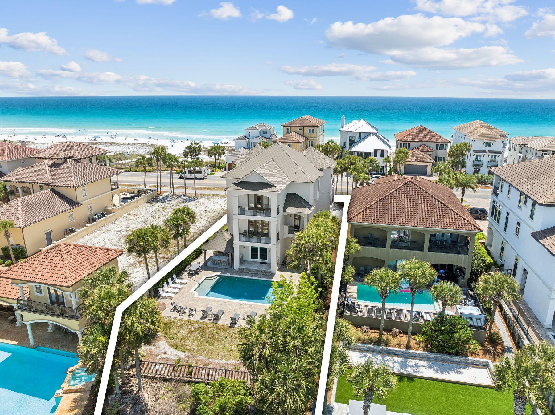 This extraordinary nine-bedroom estate offers a rare blend of architectural presence and resort-style amenities with commanding views of the Gulf and a serene coastal lake. Positioned directly across from a sprawling beach access, the home captures sweeping vistas of sugar-white sand and emerald waters from multiple levels, while the rear elevation opens to a tranquil tropical lake backdrop creating a truly unique experience. Extensively renovated and professionally designed, the residence spans approximately 6,000 square feet combining lasting quality with refined coastal style. Designed for both luxury living and exceptional rental performance, the home comfortably accommodates large groups with seven private suites and two expansive bunk rooms thoughtfully integrated into a highly functional floor plan. The first level is tailored for entertaining and guest privacy, featuring two king suites, two oversized bunk rooms with custom queen-over-queen accommodations, a shared bath, laundry area, and a secondary living space with wet bar that opens seamlessly to the pool deck. Outdoors, a resort-style heated pool anchors the experience, complemented by a covered summer kitchen, bar seating, and ample lounge space overlooking the lake ideal for gathering after a day at the beach. The second level serves as the heart of the home, where an expansive open-concept living, dining, and kitchen area is framed by panoramic Gulf views and extends onto a generous covered balcony. The chef's kitchen is equipped with premium appliances, custom cabinetry, a large center island, and walk-in pantry, designed to accommodate both everyday living and large-scale entertaining. Two additional guest suites with private baths complete this floor, along with convenient access to the outdoor living areas below. The top level features three well-appointed bedrooms, including dual primary suites with private balconies, spa-inspired bathrooms, and elevated Gulf views. A third king suite and additional laundry complete the level, offering comfort and privacy for owners and guests alike. A commercial-grade elevator services all floors, ensuring effortless accessibility throughout. Additional highlights include multiple indoor and outdoor living areas, surround sound, ample parking for up to eight vehicles including a two-car garage, and strong income-producing potential in a highly sought-after coastal corridor. With its commanding presence, thoughtful design, and unparalleled proximity to the beach, this exceptional property represents a rare opportunity to own a true legacy home along Scenic Highway 98.