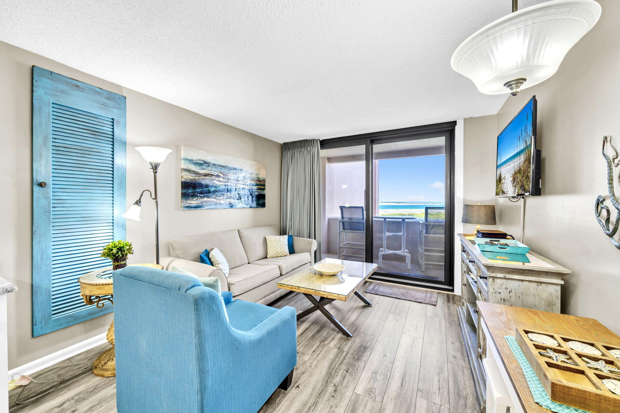 Enjoy western sunsets over the East Pass, the Jetties, and Crab Island with this 1 Bed/1Bath condo located on the 6th level. Views from balcony of this condo include the Destin, seasonal Firework shows, fishing fleets, and dolphins playing!  Enter this condo from the covered breezeway into the large foyer! The condo features a large primary bedroom with king size bed, a full bath, a kitchen, and living room! The Kitchen features granite counter tops with a backsplash, a center island, stainless appliances, shaker cabinetry, and brushed nickel hardware. The appliance include a slide in electric stove and oven, built in microwave, dishwasher, and refrigerator. The granite countertops extend to include a desk area for an office space. The living room has been updated with modern finishes, a flat screen TV, and an updated EFCO (Category4) sliding glass door. The unit has updated luxury vinyl plank flooring and newer lighting. 

New Hot Water Heater Sept 2024   Gross Rental Income 2023 $41,289 and 2024 $35,788 and 2025 $27,008.32 (condo was being updated).  Sunsets, fishing boat traffic, fireworks, and unobstructive views of East Pass makes this condo special! Jetty East Amenities: 900 feet of deeded beach, 2400 sq. ft. pool with sun deck, hot tub, beach side pavilion with charcoal grills, tennis courts, pickleball, fitness center kid's activities, music entertainment, shuffleboard, covered parking, 24/7 security & meeting room, 6-story building with under building parking. Holiday isle offers Louisiana Lagniappe restaurant, close to grocery store and shopping! Buyer to verify all dimensions and information.