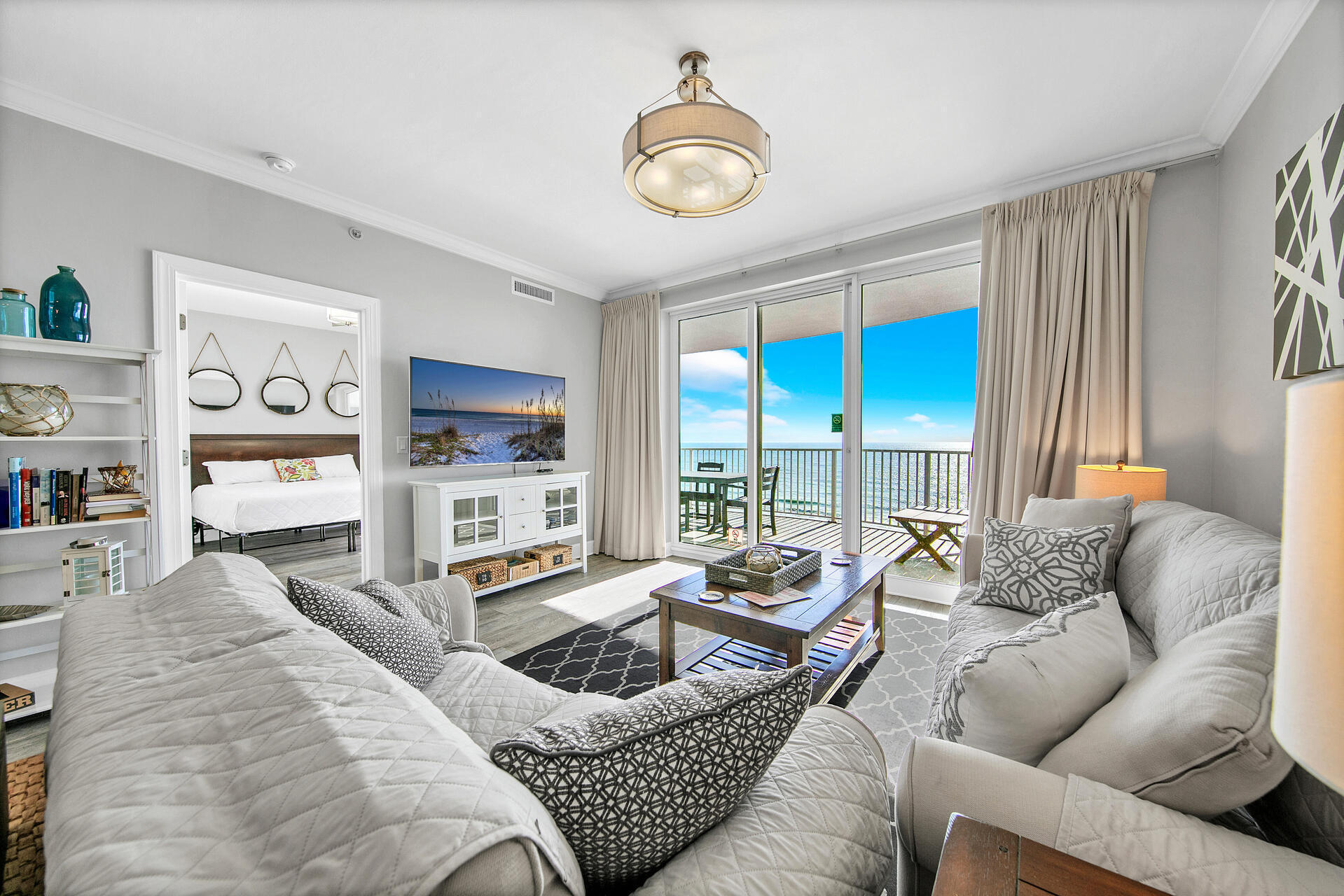 Escape to your Gulf-front paradise at Twin Palms, a luxurious gated community with direct beach access and stunning sunset views. This 2BR/2BA condo has been totally renovated floor to ceiling, including stainless steel appliances, modern tile, and new countertops. The extra-large curved balcony offers breathtaking views of the Gulf of Mexico, while the master suite features sliding glass doors leading to your private outdoor oasis. Enjoy resort-style amenities like a gulf-front pool, fitness center, sauna, and proximity to Pier Park shopping and fine dining. Includes assigned parking and owner storage right outside your door, this condo is perfectly situated for a relaxing family vacation, just a short walk from local restaurants and entertainment.