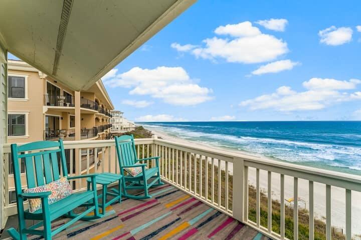**Entered for comp purposes** 
Experience Boujee on the Beach, a completely remodeled Gulf front corner condo at Mistral on 30A. Redesigned by the current owner, a former designer for ABC's Extreme Home Makeover, this top floor residence blends high end craftsmanship with modern coastal style. Every detail feels intentional, from curated finishes and lighting to the seamless open layout. The home comfortably sleeps eight, with additional flexible sleeping options for guests. Features include a Gulf view king suite, a full bedroom with custom full over queen built ins, and hallway bunks with privacy curtains, lighting, and USB ports. Enjoy private beach access, panoramic Gulf views, and a prime location between Alys and The Big Chill 30A.