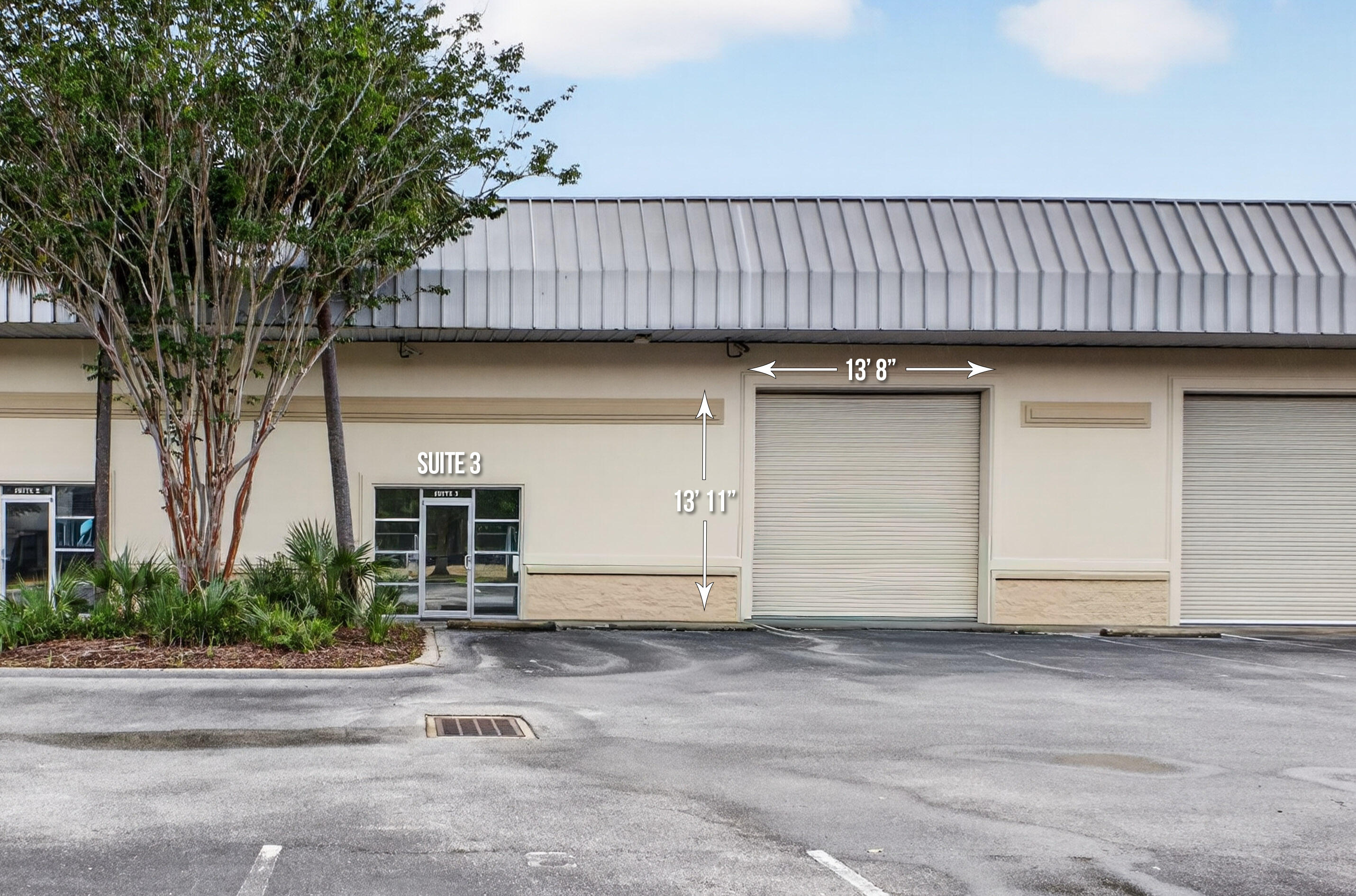 Warehouse, Flex Space, and Office now available for sale in Destin, Florida.  The industrial overhead door measures 13' 8' in width x 13' 11' in height. Please inquire for further details and to schedule a private showing.