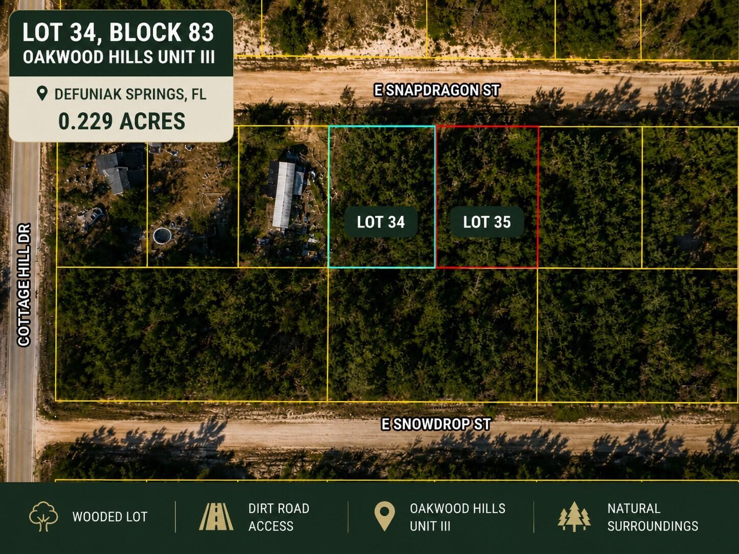 Affordable land and future possibilities await on E Snapdragon Street! This vacant Oakwood Hills lot offers the opportunity to own a piece of DeFuniak Springs and explore potential future uses, including a smaller home, traditional residence, or manufactured/mobile home, subject to applicable requirements and approvals.

Located approximately 9 miles from historic downtown DeFuniak Springs, the property is within reach of beautiful Lake DeFuniak and its approximately 1.2-mile paved walking trail. Downtown also offers a pier, amphitheater, local comfort food, and the Walton County Heritage Museum.Nearby conveniences include Piggly Wiggly, Emerald Coast Technical College, Northwest Florida State College's Chautauqua Center, and a 24-hour Casey's. Starbucks, Walmart Supercenter, and HCA Florida Twin Cities Hospital are approximately 10 minutes away. Buyer to verify all measurements, boundaries, legal access, zoning, utilities, septic requirements, permitting, manufactured/mobile home eligibility, and site suitability.