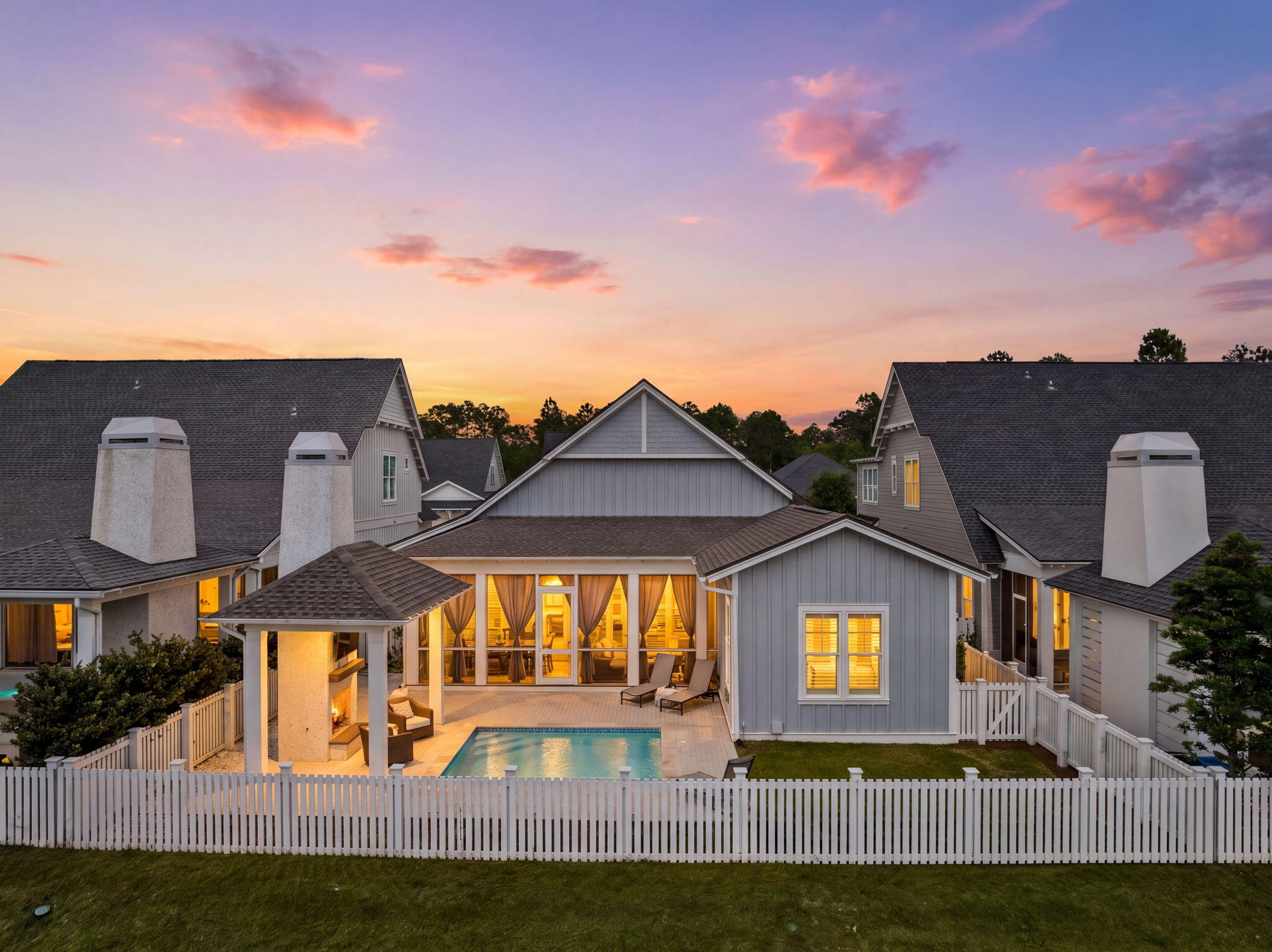 Located in Watersound Origins, 280 Log Landing Street features the sought-after Eliot plan by Romair Construction, offering 3 bedrooms, 3 bathrooms, and 2,261 square feet of thoughtfully designed single-level living. Positioned on a west-facing pond lot, the home captures beautiful sunset views and a sense of privacy that is hard to replicate.

The outdoor space is a standout, designed for both relaxation and entertaining. A private heated pool and cabana with fireplace create a natural extension of the living area, while custom gutters add long-term functionality. The pond backdrop and open setting provide a clean, unobstructed view of natural surroundings and an easy, low-maintenance outdoor experience. Inside, the home is professionally decorated by K&J Design Group, elevated, and lightly lived in as a second residence. Ten-foot ceilings, a 16ft sliding door to porch, hardwood flooring,  and a well-executed open layout create a comfortable flow from the main living area to the kitchen and outdoor spaces. The kitchen is equipped with upgraded quartz countertops, a Bosch appliance package including a gas range, refrigerator, and dishwasher, and a large walk-in pantry for additional storage.

The primary suite offers a spacious retreat, complemented by bathrooms finished with Carrera marble countertops and quality fixtures throughout. Additional whole-home features include a comprehensive security and video system, Sonos surround, generous attic storage, and a two-car garage.

Well maintained with active service contracts in place, the home presents as move-in ready and can be offered fully furnished, providing an easy transition for a second home or full-time residence. A strong combination of layout, condition, and setting makes this a standout opportunity within Watersound Origins.