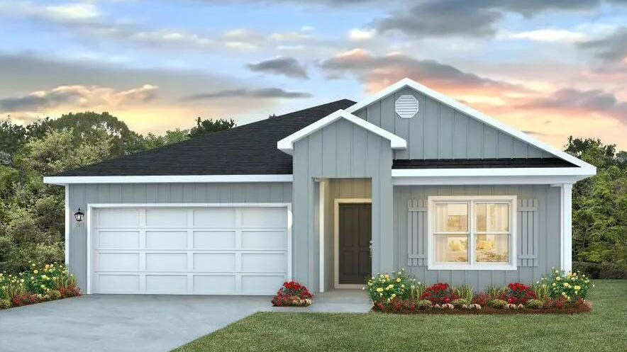 Welcome to Liberty Farms Community! The Cali model, one of our most sought-after designs, offers a fantastic open layout for relaxed living. Offers 4 bedrooms, 2 bathrooms, a covered back patio, 2-car garage, and the 'Smart Home Connect' System with various convenient Smart Home devices. The well-appointed kitchen includes stainless steel appliances, a smooth-top range, built-in microwave, quiet dishwasher, corner pantry, island bar, eye-catching wood-look flooring, and plush carpet in the bedrooms. Quartz Countertops in the Kitchen & Baths. Bedroom 1 and the adjoining beautiful bath boast a large walk-in closet, double vanity sinks, and more. Fabric Hurricane window and door protection is also included. Enjoy the stylish curb appeal with easy access to the interstate. ALL LISTING pictures, colors, features, and size may vary. Square footages are approximate.