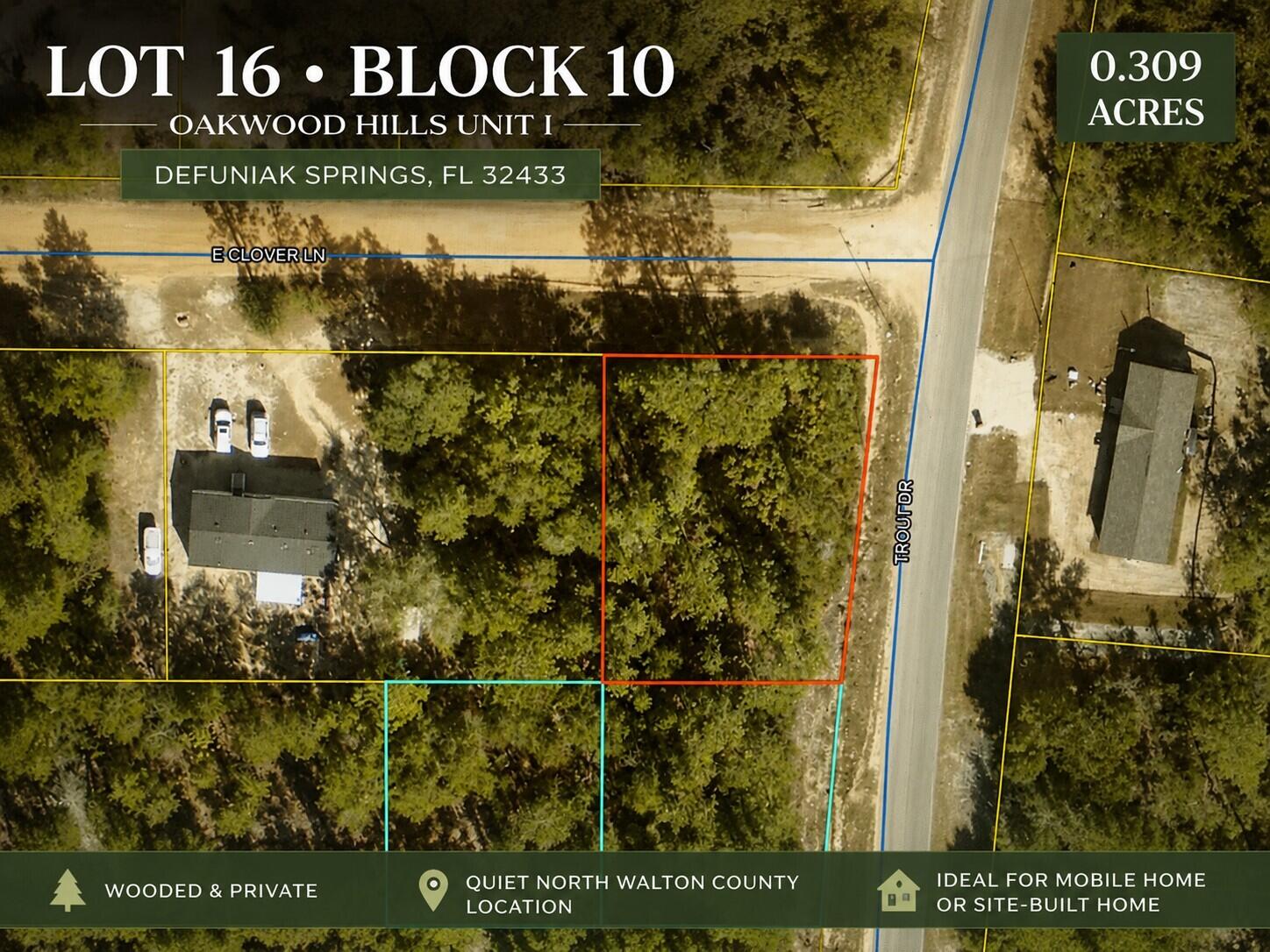 Own a piece of DeFuniak Springs and explore the possibilities for your future! This vacant lot in the Oakwood Hills area offers an affordable opportunity to invest in land with potential for a future homesite, small home, or manufactured/mobile home, subject to all applicable requirements and approvals.

Located approximately 9 miles from charming downtown DeFuniak Springs, where beautiful Lake DeFuniak is surrounded by an approximately 1.2-mile paved walking trail. Enjoy the pier, amphitheater, local comfort food, and Walton County Heritage Museum. Everyday conveniences are close by, including Piggly Wiggly, Emerald Coast Technical College, Northwest Florida State College's Chautauqua Center, and a 24-hour Casey's. Starbucks, Walmart Supercenter, and HCA Florida Twin Cities Hospital are approximately 10 minutes away. Whether you are planning for the future or looking to add affordable land to your investment portfolio, this lot is worth exploring. Area is serviced by CHELCO electric and Mossy Head Water Works.