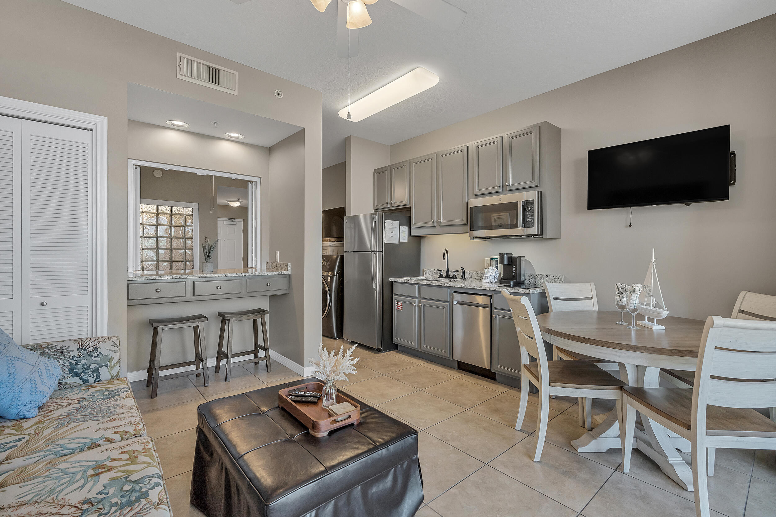 RENOVATED STUDIO AT DESTIN WEST on the gulf side. 2025 GRI $$39,720! This condo is located very conveniently to pool, beach, parking and the resort's walkover to the bay side for additional pool and fun activities. Totally renovated kitchen with granite and new appliances, washer/dryer combo, new furniture, sleeping 5. The balcony is oversized and a great place to relax after a fun day on the beach/pool.  This is a great investment with many reservations on the books already. Destin West is conveniently located close to the Emerald Coast Convention Center which hosts many events supplying renters for this complex all year long. Also, within walking distance to the Boardwalk, Gulfarium, Island Pier, restaurants, bars, shops, watersports & much more. Other amenities