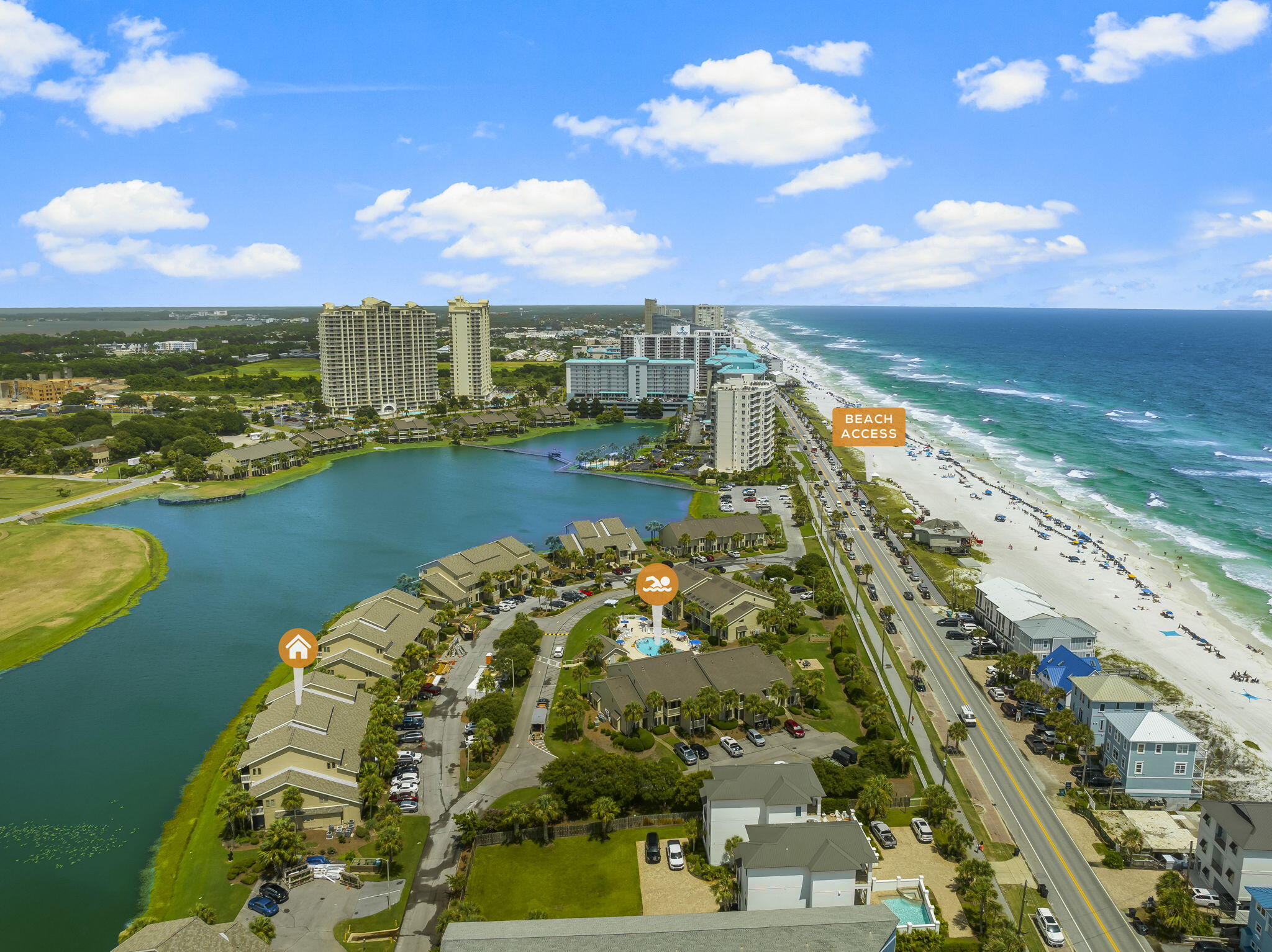 JUST STEPS from the sugar-white sands and emerald waters of Miramar Beach, this fully furnished 3BR/3BA condo in Seascape Resort is the perfect coastal getaway or short-term rental investment. Enjoy 5 resort-style pools (one right outside the front door), golf, tennis & pickleball, on-site dining, and popular Moon Crush concerts throughout the year. Inside, you'll find a beautifully updated kitchen with granite countertops and stainless steel appliances, plus a spacious layout ideal for guests. Two private balconies offer peaceful lake views. This condo has brand new siding, windows, doors & both balconies were just redone (decking & new screens). Walk to Whale's Tail, Bad Ass Coffee, Beach Bar+ more--this is PRIME location and lifestyle combined. Completely Turn key and move in ready!! 6-seater golf cart can convey with an acceptable offer.