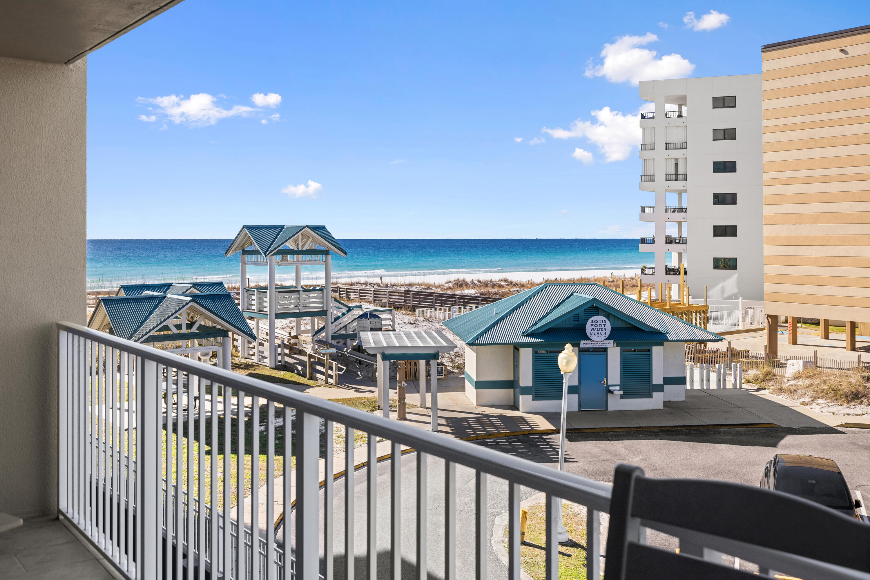 Gulf-front living at Island Princess on Okaloosa Island. This one bedroom condo with a bunk area features a functional Jack-and-Jill bathroom, in-unit laundry, and covered deeded parking. The open floor plan leads to a private balcony with sweeping Gulf views and frequent dolphin sightings. Offered fully furnished with new stainless steel appliances and rental ready, this property is ideal as a primary residence, second home, or investment. Resort style amenities include a Gulf-front pool and hot tub, complimentary beach service through November, nearly 500 feet of beachfront, a fitness center, BBQ grills, and a community room. Conveniently located near Destin, shopping, dining, and attractions.