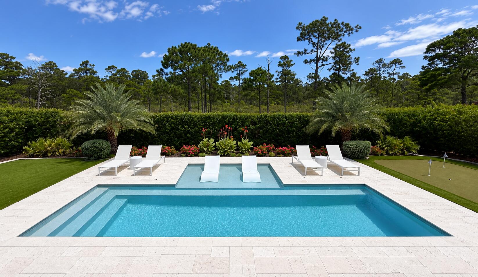 Amenities Galore on the West End of 30A!

Discover this beautifully appointed single-level home ideally located on the highly desirable west end of 30A, just minutes from the beach, Gulf Place, dining, shopping, and entertainment. Tucked away in a quiet neighborhood with no HOA, this property offers the perfect combination of privacy, convenience, and resort-style living.

The backyard is a true private oasis featuring a full-size pool with a sun shelf, elegant travertine decking, a built-in putting green, landscape lighting, and lush mature landscaping. Adding to the serenity, the property backs up to protected state-owned land, ensuring lasting privacy with no future development behind you. Low-maintenance turf throughout means no grass to mow and more time to enjoy the coastal lifestyle.

Inside, the home showcases a chef's kitchen equipped with premium Thermador appliances, including a built-in 48-inch refrigerator and a full-size wine refrigerator. The thoughtful floor plan offers comfortable one-level living, while the spacious rear porch with fireplace creates the perfect setting for outdoor entertaining year-round.

Additional features include a two-car garage plus a dedicated golf cart garage, making it easy to enjoy everything 30A has to offer.

This exceptional property combines luxury, privacy, and location in one of the Emerald Coast's most sought-after areas. Outdoor Kitchen. Large Rear 1000 sf Composite Deck with Pergola. There is a Sauna with Seating for 4 in the backyard that was custom built and is a great place to Relax and Detox. All Porches are Composite.