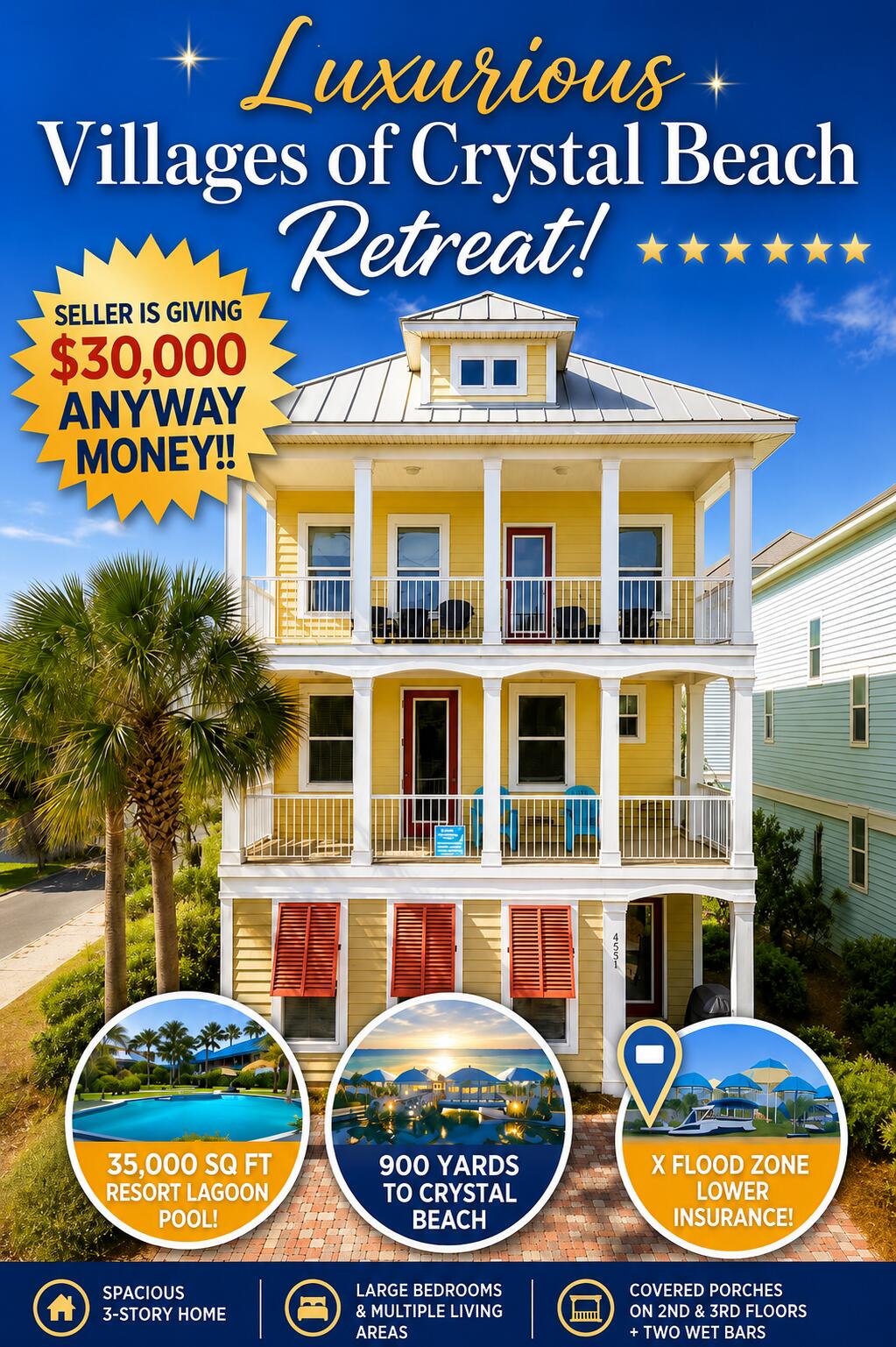 Luxury Meets Opportunity in Crystal Beach with a $30,000 Buyer Credit! Seller is offering flexible 'use-any-way' funds that may be applied toward closing costs, interest rate buy-downs, renovations, furnishings, or personalized updates, creating a rare opportunity for buyers to customize this Destin beach home while reducing upfront expenses.
Welcome to 4551 Grand Key Loop, located in the highly sought-after gated community of Villages of Crystal Beach in Destin, Florida. Featuring the largest three-story floor plan in the neighborhood with approximately 2,890 square feet, this spacious home offers exceptional value and endless potential just minutes from the sugar white sands and emerald green waters of the Gulf Coast. Opportunities to own one of the largest homes in Crystal Beach with this level of buyer incentive are rare.Designed for both entertaining and comfortable beach living, the home features soaring 9-foot ceilings, oversized 8-foot doors, impressive 8-inch baseboards, hardwood flooring, and 12x12 porcelain tile throughout the main living spaces. The open-concept floor plan offers expansive gathering areas, oversized bedrooms, multiple living spaces, and covered porches on both the second and third floors, creating the perfect setting for hosting family and guests after a day at the beach. The kitchen is equipped with 42-inch raised-panel glazed wood cabinetry, stainless steel appliances, tile backsplash, generous prep space, and ample storage. Additional highlights include two wet bars, including one in the spacious primary suite and another on the third level, along with an iPod-ready three-room sound system that enhances the home's entertainment appeal. Villages of Crystal Beach offers resort-style amenities including a spectacular 35,000-square-foot lagoon pool with waterfalls, zero-entry access, tiki bar, hot tub, grilling area and complimentary beach shuttle service to Crystal Beach located just around 900 yards away. Whether you're searching for a primary residence or vacation home in Destin, this home offers exceptional space, location and potential in one of Destin's most desirable gated beach communities.