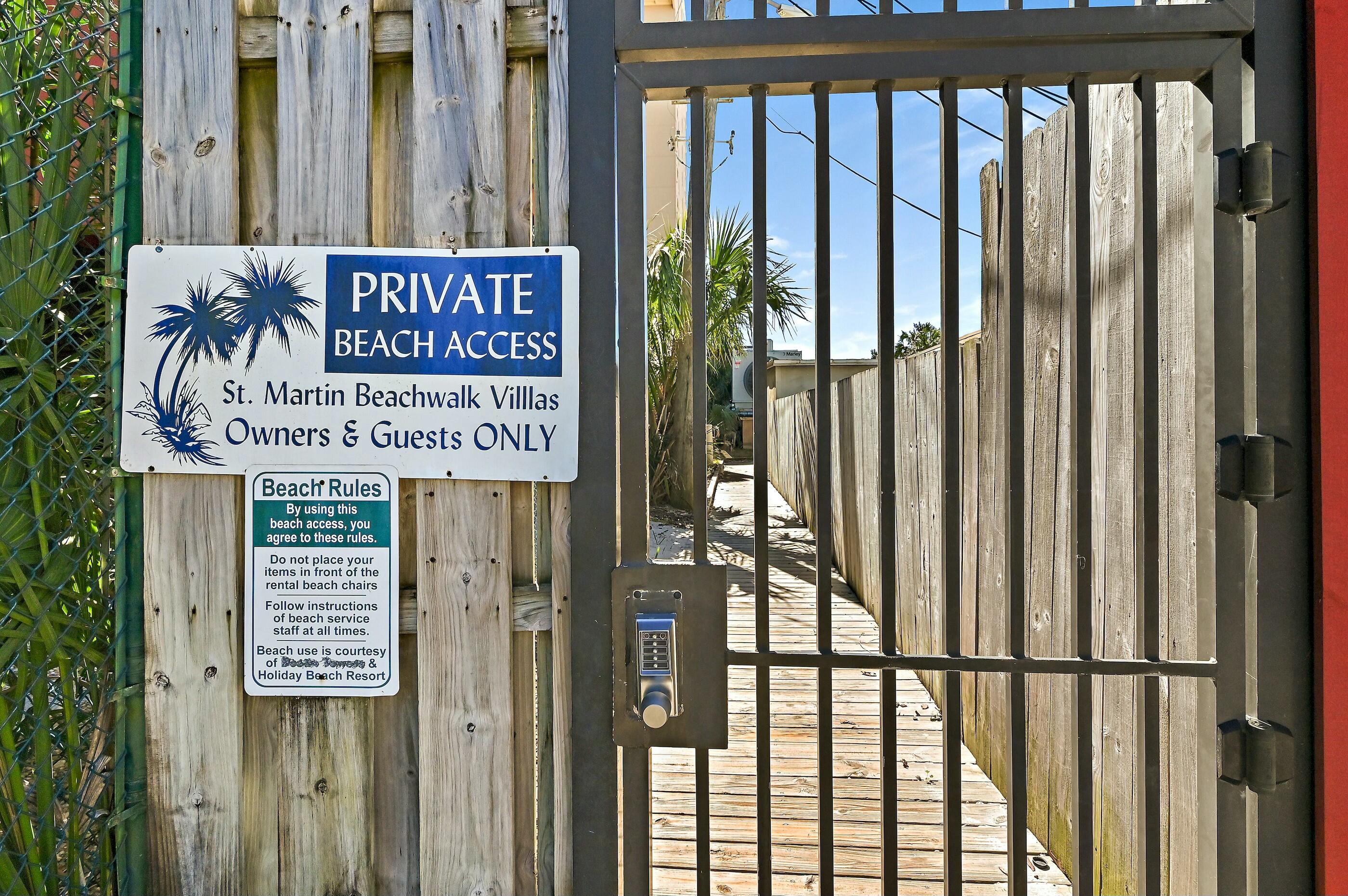 Experience the convenience of being located South of Highway 98, where your walk to the beach never requires crossing a highway. This ground-floor corner unit is among the closest in the community to the gated, deeded beach, placing Destin's sugar-white sand and emerald green water just steps away. The covered patio overlooks the pool, creating the perfect spot to unwind after a day at the beach. Inside, the kitchen features granite countertops, stainless appliances, custom cabinetry, and a breakfast bar open to the living area. The floor plan comfortably accommodates up to six guests with a king bed in the primary bedroom, a queen bed in the guest room, and a sleeper sofa in the living room. An exterior storage closet provides added space for beach chairs, toys, and fishing gear.

St. Martin Beachwalk is a low-density community with just four three-story buildings offering a community pool, BBQ grilling area, and gated deeded beach access. Conveniently located near Destin Harbor, HarborWalk Village, Big Kahuna's Water & Adventure Park, dining, shopping, and entertainment, this property is ideal as a primary residence, vacation retreat, or investment opportunity.
