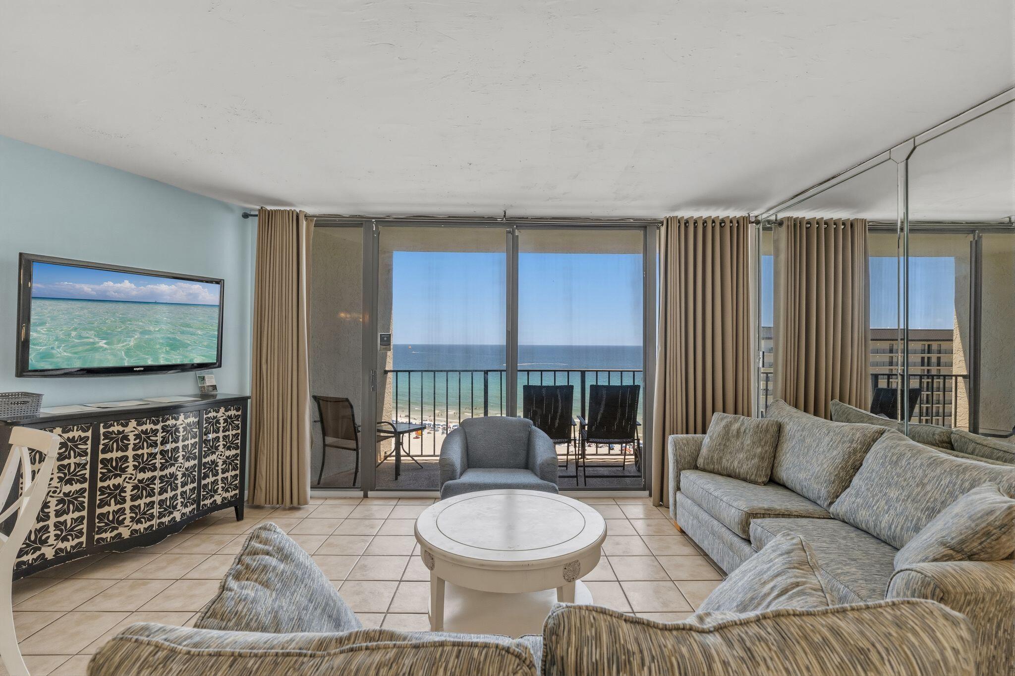 Enjoy spectacular Gulf-front views from this unique two-story condominium in the prestigious Tower I at Edgewater Beach & Golf Resort. Located on the 12th floor, this 3-bedroom, 3-bath residence features an interior staircase and private balconies on both the 12th and 13th floors, offering panoramic views of the Gulf of America, Sugar-White Beach Sand, Edgewater's main Lagoon Pool Deck, and resort grounds. One of the resort's most desirable floor plans, the main level includes two bedrooms, two bathrooms, an open living area, and a beachfront balcony. Upstairs, a private third bedroom suite with a full bath opens to a large penthouse-style balcony. Floor-to-ceiling windows fill the unit with natural light and showcase stunning Gulf views. Whether you're seeking a primary residence, vacation home, or investment property, Unit 1208 offers an exceptional opportunity to own in Panama City Beach's premier full-service resort. Edgewater owners and guests enjoy outstanding amenities, including the 11,500-square-foot Lagoon Pool, 13 additional pools, private beach access, tennis and pickleball courts, a 9-hole golf course, fitness center, spa, on-site dining, market, Starbucks, and 24-hour gated security. Edgewater Tower 1-1208 is currently enrolled in the Southern Vacation Rentals program and has a strong rental history. Buyer must honor all confirmed reservations.  Unit is on Southern Vacation Rentals. For access, call Richard Holt at 850-247-9900. Thanks!