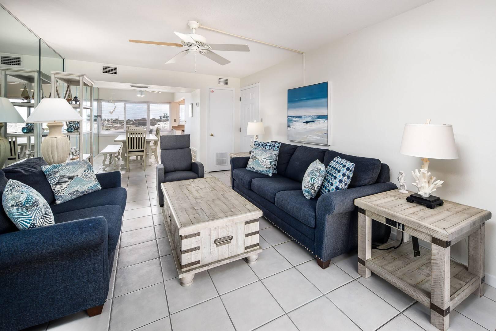 A beautifully updated coastal-inspired living 2-bedroom and 2-bathroom condo offers GULF-SIDE VIEWS with a perfect blend of comfort and relaxation. This newly updated condo features NEW FURNITURE through the living space, creating a fresh and modern atmosphere. The kitchen has been tastefully updated with NEW STAINLESS STEEL APPLIANCES, with generous counter space, flowing directly into the dining area, perfect for family gatherings. Both the primary bedroom and guest bedroom overlook BEAUTIFUL GULF SIDE BEACHES, offering both ample space and coastal scenery. The primary bedroom also features stunning parquet flooring, while the primary bath provides beautiful, neutral ceramic tile flooring. Stepping out onto your balcony, you will overlook the resort-style amenities that Seaspray Condos has to offer, which include a community pool, playground, fitness center, sauna/steam room laundry facilities, community/association room, and an on-site team. Unit Grossed over $40,000 in 2025 and over $41,000 in 2024.