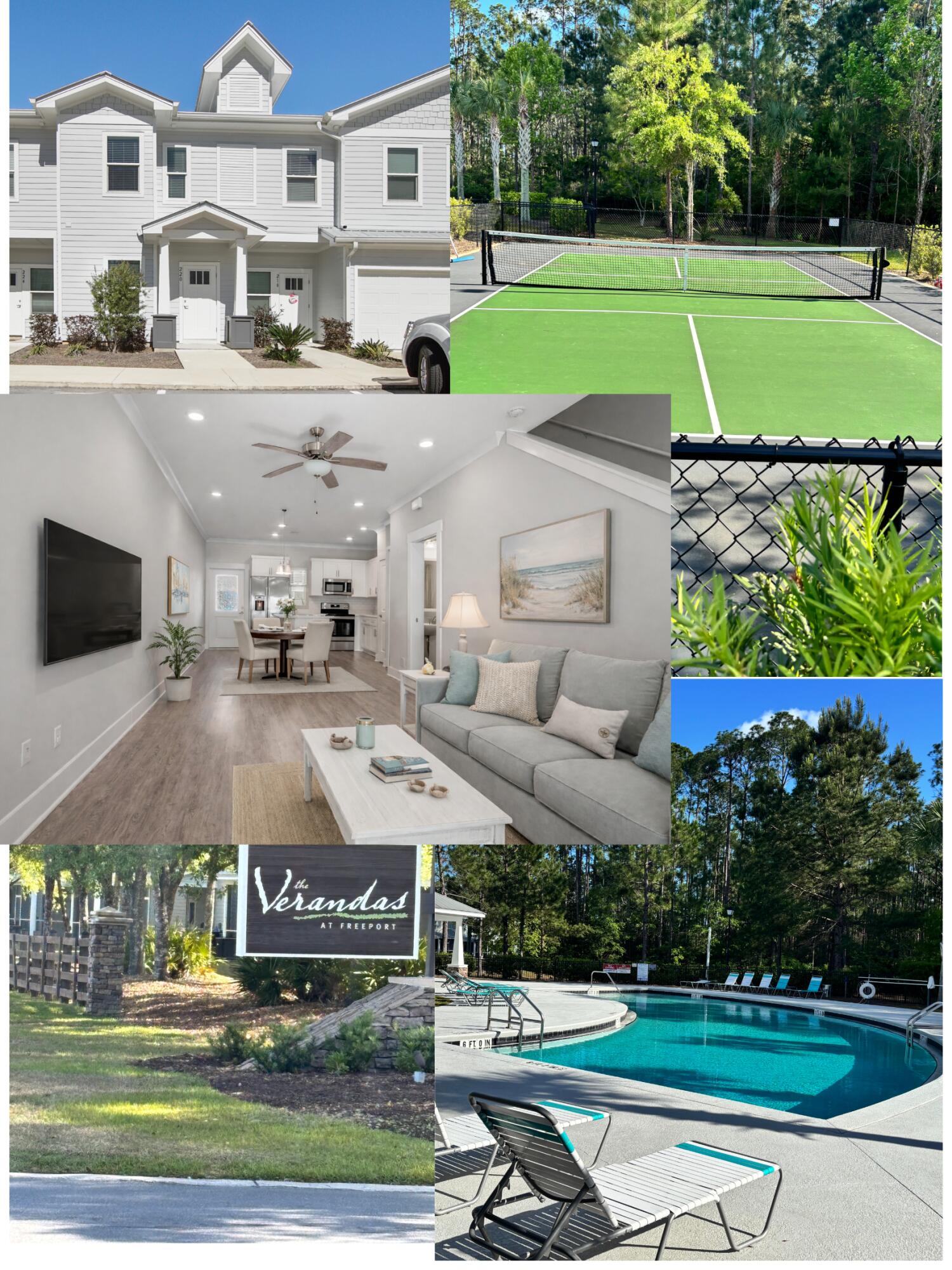Welcome to 220 Date Palm Lane, Freeport, FL 32439 -- a beautifully designed two-story townhome located in the desirable Verandas community of Freeport.

Perfect as a starter home, second residence, or rental investment, this property offers a relaxed coastal lifestyle just minutes from the world-famous white sandy beaches of the Emerald Coast.

Step inside to discover a bright, modern interior featuring quartz countertops, luxury vinyl plank flooring throughout, stainless steel appliances, and mini-blind window coverings. The open-concept layout creates an inviting space for both everyday living and entertaining.

This thoughtfully designed townhome offers 3 bedrooms and 2.5 bathrooms, providing comfortable space for family and guests. Enjoy your morning coffee or unwind in the evening on the covered back porch. An assigned parking space adds convenience, while access to the community pool enhances the resort-style feel.
Blending comfort, style, and location, this property presents an incredible opportunity in one of Freeport's growing communities.
Schedule your private showing today and make 220 Date Palm Lane yours!
