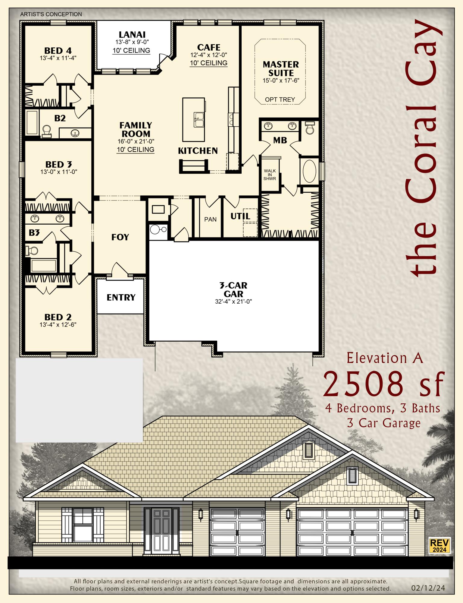 HOLLEY SHORES SUBDIVISION * 4 Bedrooms 3 Full Baths *3 CAR GARAGE * Covered Entry * Laminate flooring throughout Except Tile in Master Bath & Carpet in Bedrooms * Master Suite Features: Builder's Signature Zero Entry All Tile Walk in Shower, Separate Soaking Tub, Double Vanities & Huge Walk-in Closet  *Kitchen Features:  Granite Countertops,  Large Island, White Shaker Style Cabinets, Stainless Steel Appliances & Walk in Pantry * Breakfast Cafe  *Covered Rear Lanai * 2x6 Exterior Construction * Builder Warranty Included *