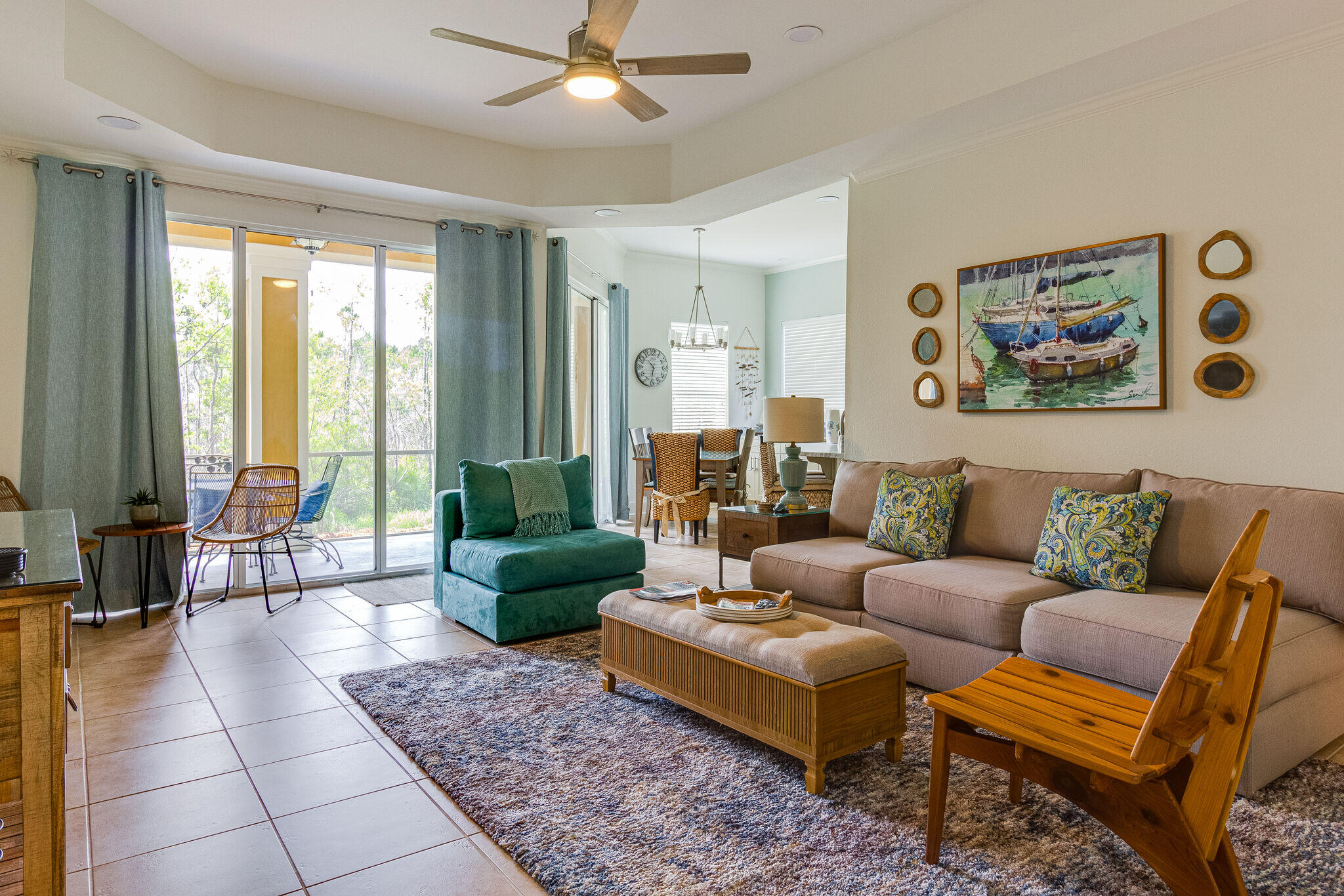 Tucked within the peaceful Crystal Cove neighborhood of Sandestin Golf and Beach Resort, this beautifully maintained and fully furnished 2 bedroom, 2 bath ground floor residence offers a relaxed coastal retreat with a private wooded backdrop and a comfortable, turnkey design ready to enjoy from day one. The open living and dining areas flow seamlessly to a spacious screened porch, creating an inviting extension of the home that is perfect for morning coffee, outdoor dining, or unwinding after a day at the beach. Large windows and glass doors fill the interior with abundant natural light, enhancing the bright and welcoming living spaces. Features include granite countertops, stainless steel appliances, crown molding, generous ceiling heights, and durable tile flooring throughout the main living areas and LVP in the bedrooms for easy maintenance and effortless beachside living. Quietly tucked away in one of Sandestin's more peaceful residential settings while still just a short golf cart ride from all of the amenities Sandestin has to offer.
Spanning over 2,400 acres from the bay to the beach, Sandestin Golf and Beach Resort offers abundant amenities including championship golf courses, tennis and pickleball, biking and hiking trails, a 210-slip full-service marina, and the vibrant Baytowne Wharf for dining, activities, and shopping. Grand Boulevard, featuring restaurants, retail shopping, Starbucks, a movie theater, and Publix Grocery, is just a short golf-cart ride away.
