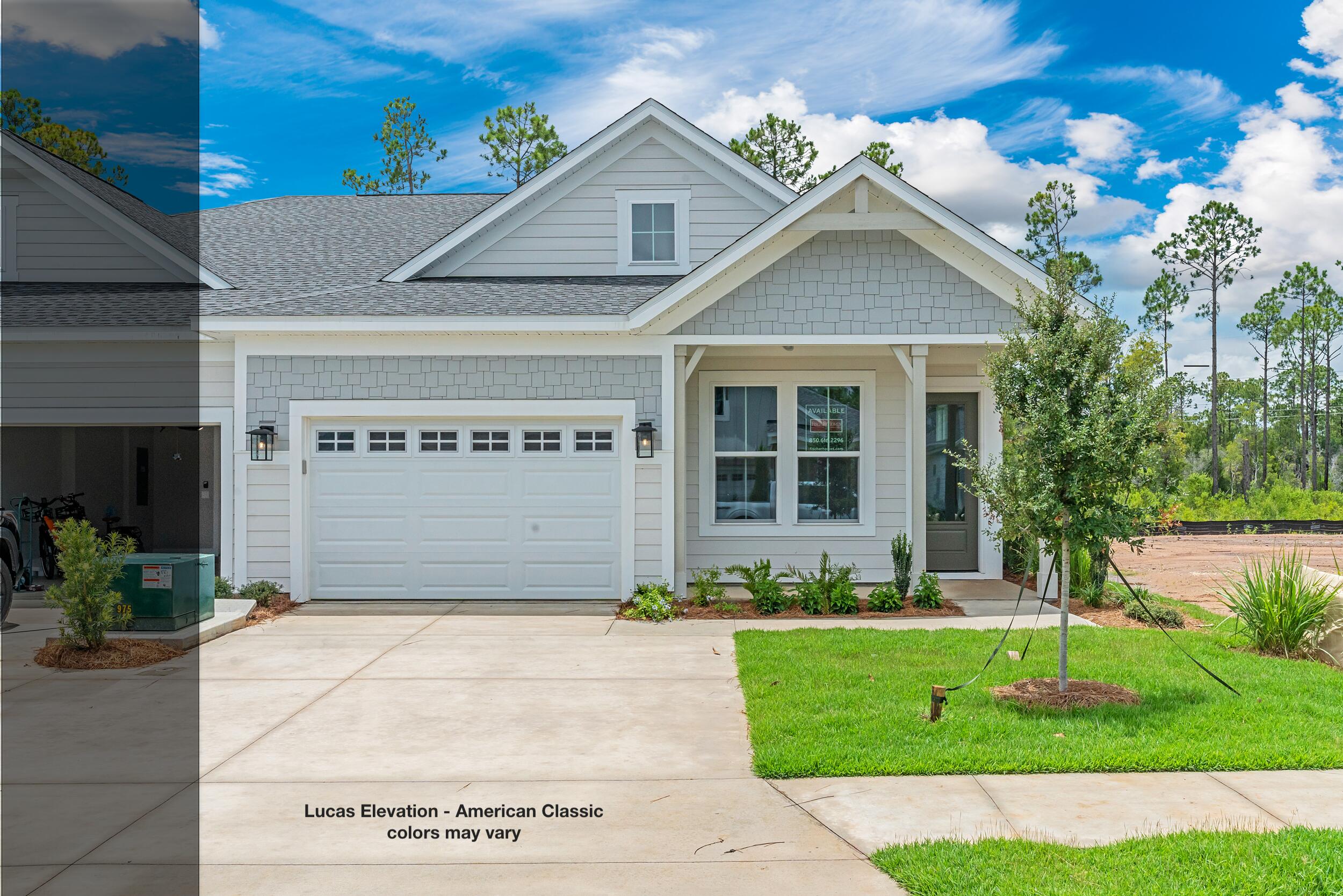 The Lucas plan offers 1,418 square feet, 2 bedrooms, 2 bathrooms, and a 1.5-car garage in the Villas at Longleaf Park within the Watersound Origins community. Positioned on a pie-shaped homesite overlooking a retention pond, the property combines low-maintenance living with outdoor space that includes a covered patio and privacy fencing. Estimated completion is Oct/Nov '26.

Designed with an open layout, the kitchen, dining, and family room connect seamlessly beneath 10-foot ceilings with 8-foot interior doors throughout. Large side windows and rear patio access bring natural light into the main living areas while maintaining a functional indoor-outdoor flow.

The kitchen includes upgraded soft-close cabinetry, Level 3 quartz countertops carried through the kitchen and bathrooms, an upgraded tile backsplash, walk-in pantry, and a GE appliance package with built-in appliances and a 5-burner gas cooktop. Luxury vinyl plank flooring extends throughout the home, complemented by craftsman-style trim and impact-rated windows.

The owner's suite includes a spacious walk-in closet and a bath finished with Level 3 quartz countertops . The guest bath features upgraded ceramic tile flooring and surround, while the secondary bedroom is positioned separately for added privacy and flexibility.

Additional features include a tankless water heater, gas grill rough-in, Smart Home package, irrigation system, and exterior lawn maintenance included for simplified ownership. Each residence is separated by a structurally independent 2-hour fire separation wall with insulated framing and layered gypsum board construction for added privacy and sound separation.

Located within Longleaf Park at Watersound Origins, the Villas offer convenient access to Watersound Town Center, Publix, dining, medical offices, Hwy 98, Village Commons, trails, and the Origins Golf Course.
