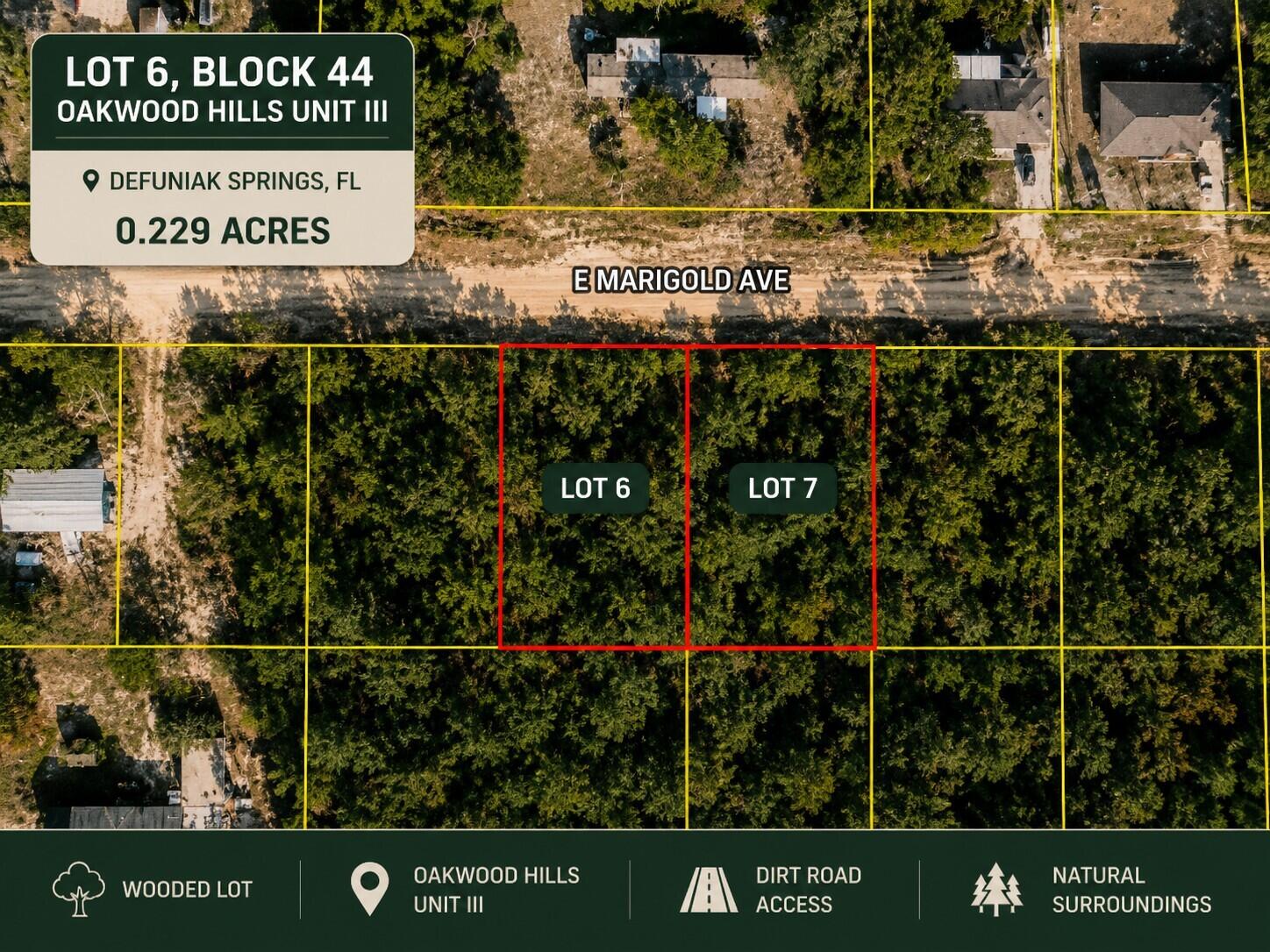 Own a piece of Northwest Florida on E Marigold Avenue! Located in the Oakwood Hills area of DeFuniak Springs, this vacant lot offers an affordable opportunity to invest in land and consider future plans for a small home, traditional residence, or manufactured/mobile home, subject to all applicable approvals.

Historic downtown DeFuniak Springs is approximately 9 miles away, where beautiful Lake DeFuniak is surrounded by an approximately 1.2-mile paved walking trail. Enjoy the pier, amphitheater, small-town comfort food, and Walton County Heritage Museum. Piggly Wiggly, Emerald Coast Technical College, Northwest Florida State College's Chautauqua Center, and a 24-hour Casey's are just minutes away. Starbucks, Walmart Supercenter, and HCA Florida Twin Cities Hospital are approximately 10 minutes away. A chance to buy affordable land today and explore the possibilities for the future. Buyer to verify all information important to buyer. Seller has several lots of land in Oakwood Hills and can sell lots together or separately. CHELCO and Mossy Head Water Works are confirmed service providers for the area.