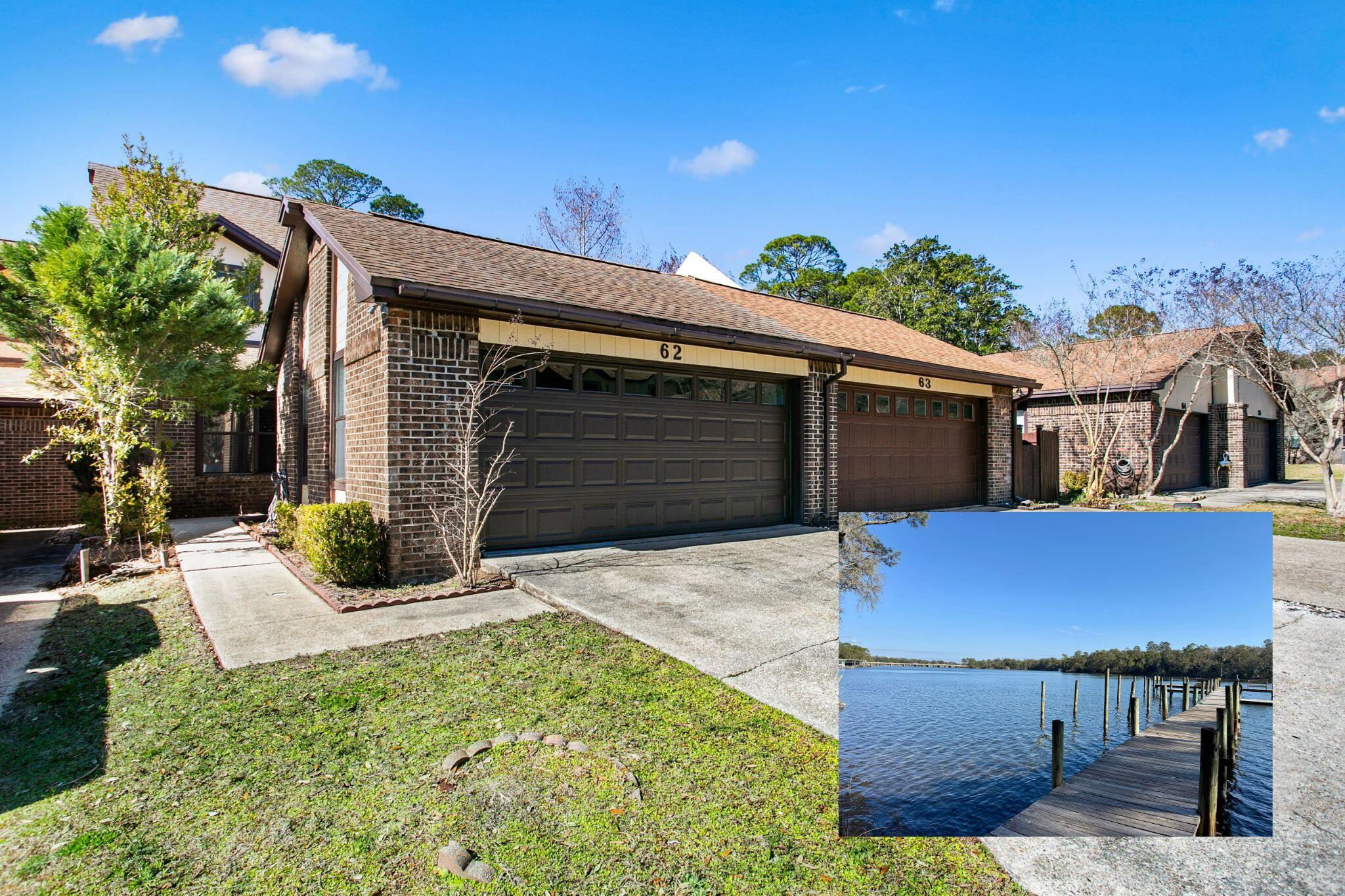 NEW ROOF just installed on this 3-bedroom, 2-bath townhome that's ideally positioned across the street from the community dock on the bayou, providing easy access to the peaceful water views. Located in a well-established community, Hidden Cove residents enjoy a variety of amenities including a pool, clubhouse, workout space, and boat dock. You'll be conveniently situated near Eglin AFB, Hurlburt Field, Duke Field, and 7th SFG - Approximately 2 miles to Eglin's East Gate, offering excellent accessibility for daily commuting. Vaulted ceilings in the living room and a wood-burning fireplace are the perfect backdrop for the spacious living area. There's also a versatile alcove under the stairs, offering flexible space that's ideal for a home office or reading nook. The main bedroom is on the first floor with a walk-in-closet and an ensuite that includes a separate shower and jetted tub. Upstairs are two spacious bedrooms (one with a peek-a-boo water view) and a bathroom that adds character with a classic pedestal sink and a claw-foot tub! Head out back -through one of the two sliding glass doors- to a new deck that overlooks a grassy space. With its thoughtful layout, bayou proximity, and community amenities, this townhome offers a balance of comfort, convenience, and lifestyle.