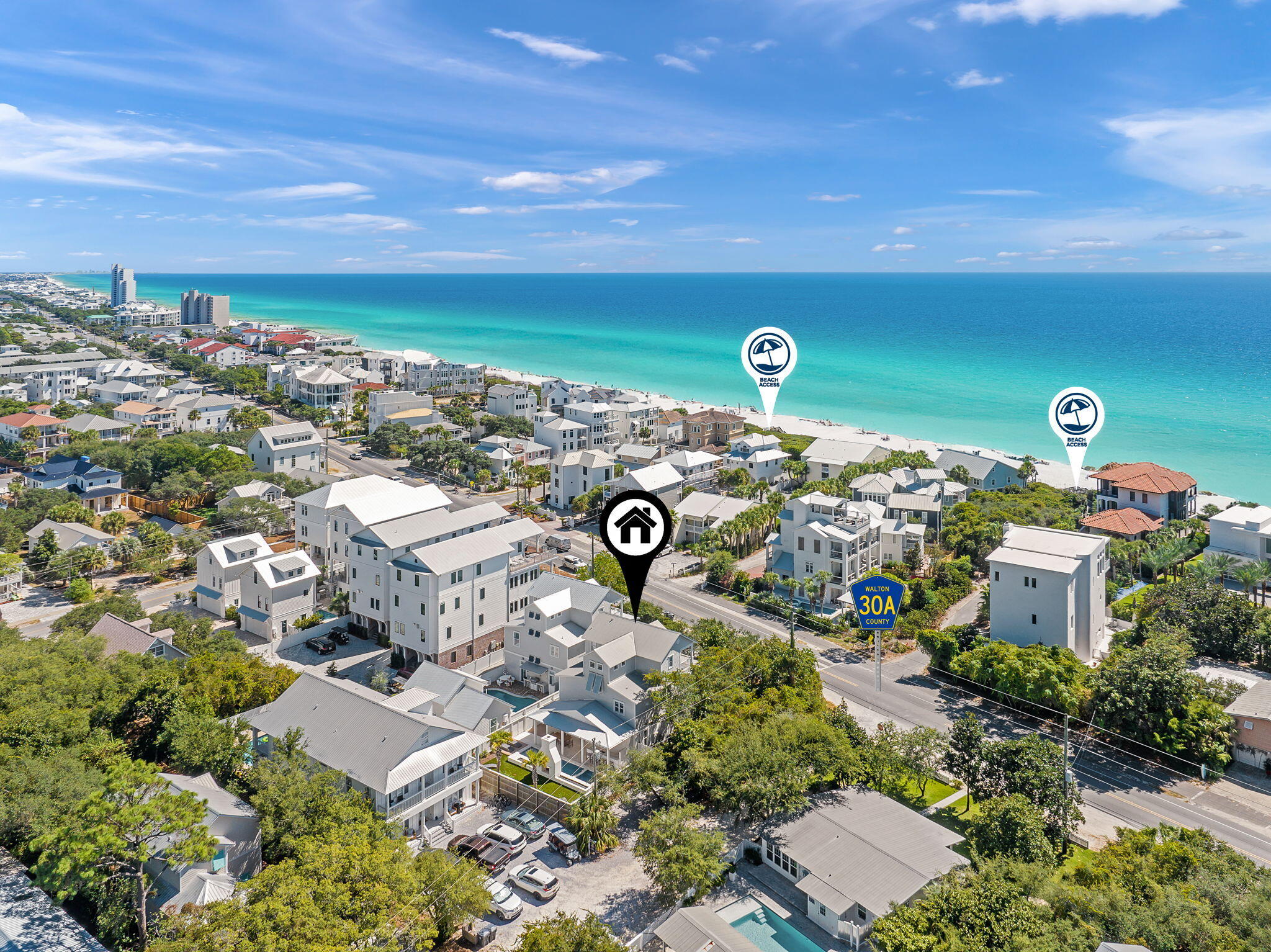 Gulf Views! Walk to Seaside! Positioned along Scenic Highway 30A with dedicated beach access directly across the street. This Gulf-view estate offers a refined balance of elevated design, privacy, and investment potential. Located just one mile from Seaside, the property sits within one of 30A's most coveted corridors, supported by strong and consistent rental demand, offered turnkey with bookings to transfer. Situated on an expansive corner lot, a pedestrian pathway leads across the street to a secluded boardwalk and private beach easement exclusive to Gulf Shore Manor, providing effortless access to the sugar-white sands and Emerald waters of the Gulf. The fully re-imagined backyard has been completely redesigned as an expansive, private outdoor retreat complete with a pool and spa, covered outdoor kitchen and bar, multiple spaces for dining and relaxation. 
This beach home is thoughtfully designed to accommodate large groups without sacrificing comfort or sophistication, featuring six bedrooms including custom built-in bunks and flexible sleeping arrangements ideal for both private use and short-term rental performance. Interiors reflect a curated blend of coastal feel and relaxed beach aesthetic, creating a timeless and inviting atmosphere. Projected annual rental income up to $226,000. Secure your next 30A investment with an established income producing rental that also feels like home.