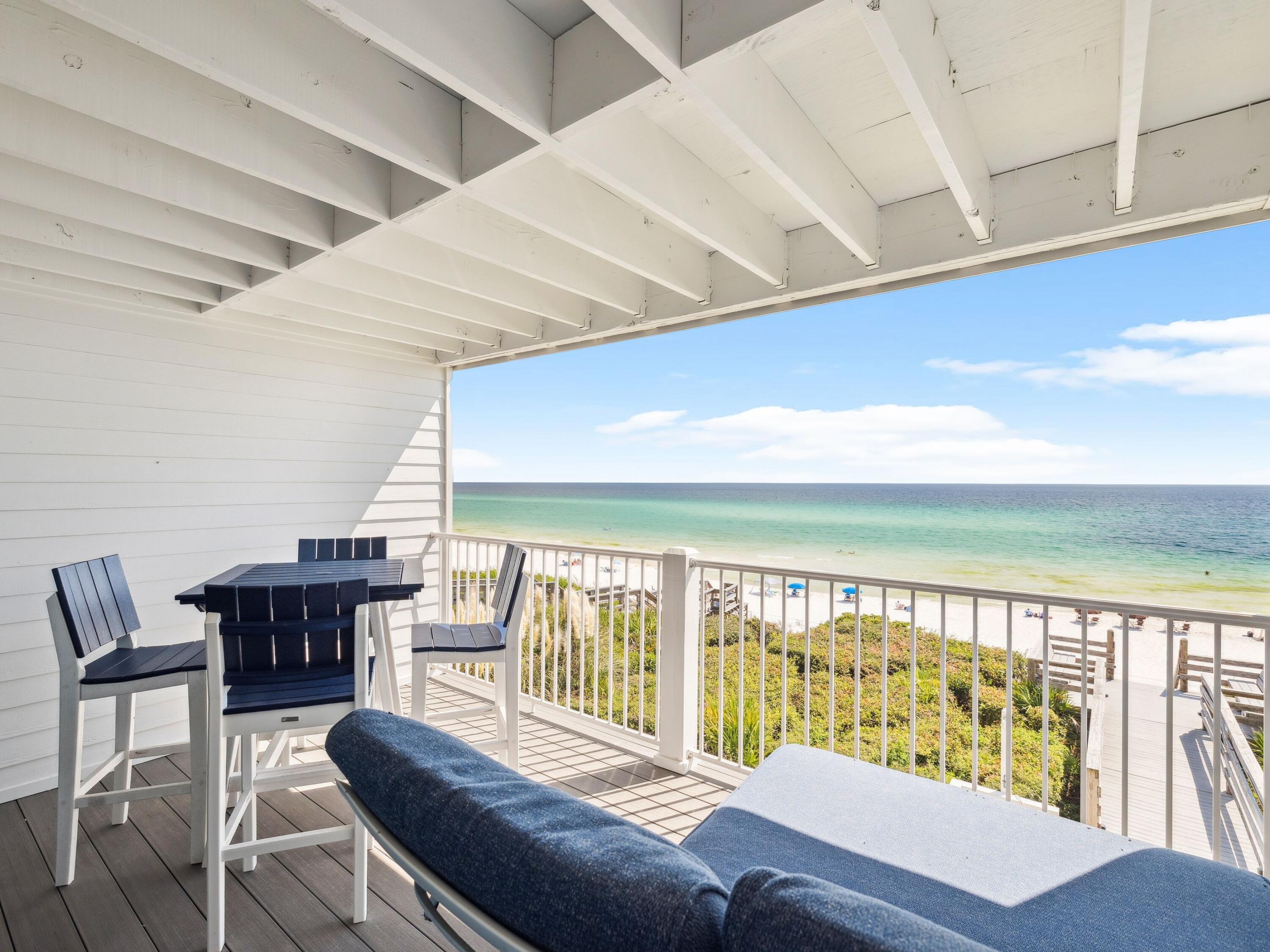 Perched on the second floor of Sea Mist, an intimate 12-unit condominium, this one-bedroom retreat offers breathtaking views of the Gulf of Mexico and direct access to the sugar-white sands of 30A. Crisp, clean, and welcoming, this unit is thoughtfully designed to maximize comfort and coastal charm.

Inside, the residence features a king bedroom, hall bunks, and a full bath to accommodate family and guests. The kitchen is fully equipped with modern appliances, while a private balcony invites you to enjoy morning coffee or sunset cocktails against a backdrop of endless emerald waters. A breakfast table offers easy seating indoors, and two grilling areas on the lawn create the perfect place to gather as the sun dips below the horizon.

The Sea Mist community has recently undergone an expansive restoration, with all assessments paid in full and building inspections completed. Owners enjoy a private gulf-front beach and an unbeatable location between Camp Creek Lake and Alys Beach. Just a mile from the Big Chill and a short bike ride to Alys and Rosemary Beaches, this condo puts the best of Scenic 30A within easy reach.

With exceptional rental potential and panoramic views that define coastal living, this Sea Mist condo is a rare opportunity to own a true gulf-front escape.