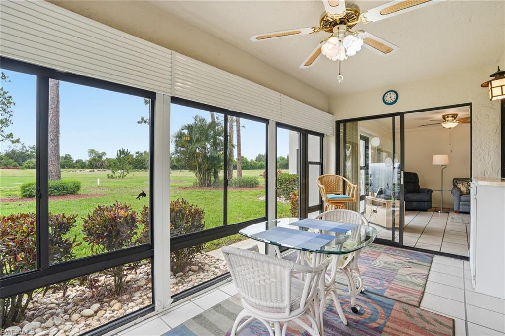 Welcome to 5625 Trailwinds Drive #411, a beautifully maintained first-floor corner unit located in the highly desirable Hideaway Country Club community in Fort Myers. Offering 2 bedrooms, 2 bathrooms, and an abundance of natural light, this residence combines comfort, convenience, and stunning golf course views.

Being sold turnkey furnished and including a golf cart, this move-in-ready home allows you to start enjoying the Southwest Florida lifestyle from day one. Enjoy peaceful mornings and relaxing evenings overlooking the meticulously maintained fairways from your enclosed Florida room, which provides additional air-conditioned living space and creates the perfect setting for entertaining or unwinding year-round.

Recent updates include a new roof in 2020 and a new air conditioning system installed in 2025, providing peace of mind for years to come. The kitchen features newer appliances, quartz countertops, and ample cabinetry, making meal preparation both functional and enjoyable. Impact-resistant windows throughout the home and manual roll-down hurricane shutters on the lanai provide added protection and security.

Located just a short stroll from the clubhouse, you'll enjoy easy access to an impressive array of amenities including a swimming pool, fitness center, tennis courts, restaurant, lounge, and a vibrant social calendar. One of the unique benefits of Hideaway Country Club is that golf membership is optional, allowing residents to enjoy the community's amenities without the obligation of a golf membership. Tennis memberships are also available, giving you the flexibility to customize your country club lifestyle. Golf enthusiasts will appreciate the included golf cart and the added benefit of no trail fees for privately owned golf carts.

Hideaway Country Club is ideally situated close to Southwest Florida's best shopping, dining, entertainment, RSW International Airport, and the area's world-famous beaches. Whether you're seeking a seasonal getaway, year-round residence, or an active country club lifestyle, this exceptional property offers the perfect blend of relaxation and recreation.

Don't miss this opportunity to own a turnkey first-floor corner condo with golf course views, a golf cart included, and access to one of Fort Myers' most desirable country club communities.