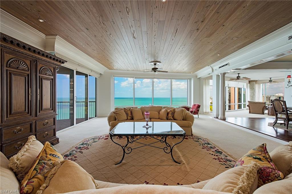Enjoy Gulf of Mexico views to Sanibel and beyond from one of Naples’ most sought-after buildings! This rare offering encompasses half of the 17th floor and is comprised of 6,542 square feet of living area with four full bedroom suites, five-and-a-half baths, library, great room, formal dining area and family room. Estate Seventeen North boasts sunrise-to-sunset views and is situated over a park-like setting to the north. Building specifications include floor-to-ceiling walls of glass, 10-foot ceilings, eight-foot doors, gas cooking and a water detection system. Le Rivage offers the complete luxury lifestyle with unmatched amenities, including 24-hour front desk attendant, saline pool and spa, gorgeous social room, top-notch fitness room, massage room, two Gulf-view guest suites, three parking spaces, as well as air-conditioned and beach storage. The Village on Venetian Bay is nearby and has been heralded for its waterfront setting, wonderful dining and eclectic mix of specialty retailers. Park Shore residents may purchase or lease a boat dock located on Venetian Bay.