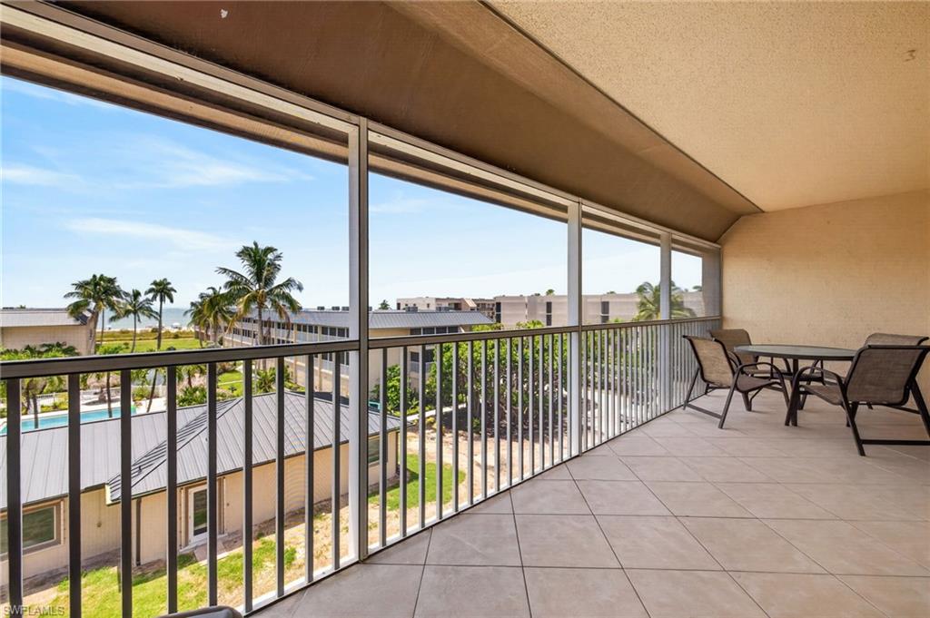 Gorgeous Gulf and pool views from this lovely top floor condo! Perfectly positioned to take full advantage of the views, this condo is a unique opportunity. The expanded primary suite provides plenty of room for an office, sitting room, or extra sleeping space. The living area takes full advantage of the view, with dining and living rooms at the Gulf side of the condo, both bordered by sliding door access to the expansive screened porch. The kitchen is open to the living space and is bright and inviting. Sanibel Siesta is a Gulf front community with on-site rental and a beautiful pool area. This unit has an assigned parking space and a large ground level private storage closet that is perfect for beach chairs, paddleboards, bikes, and more. Centrally located on the island, Sanibel Siesta is within biking and short driving distance from many restaurants and shops and is adjacent to the bike path that traverses the island.