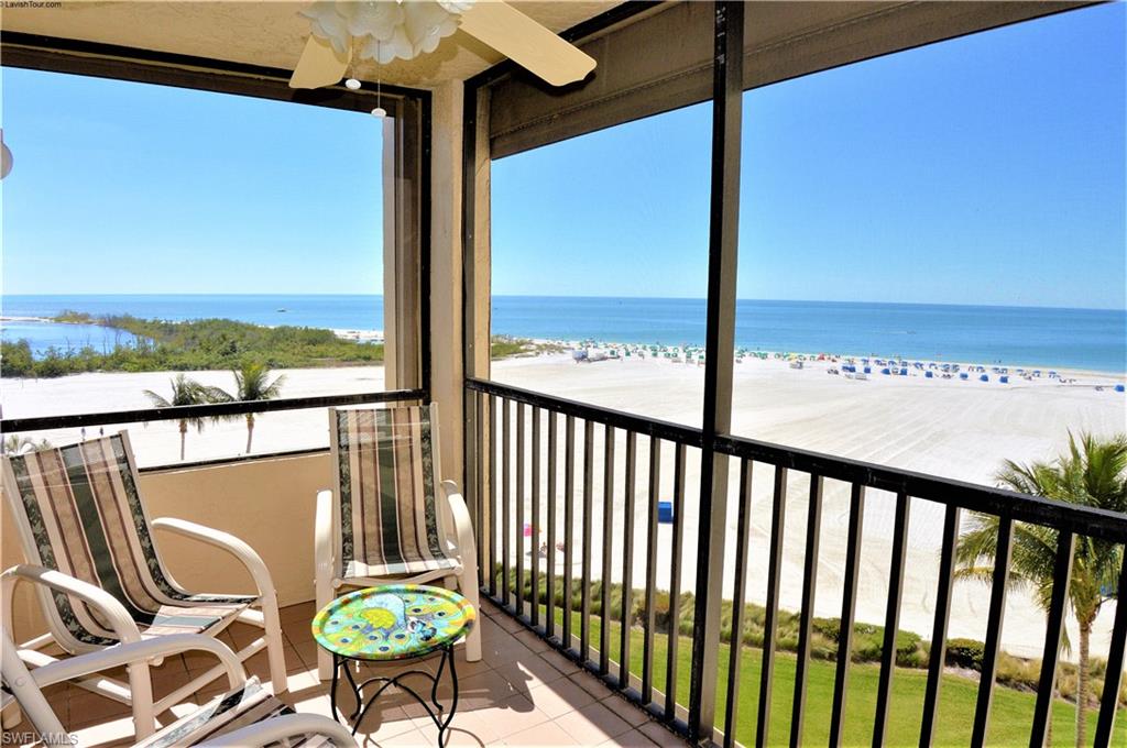 ON THE BEACH WITH PANORAMIC BEACH AND GULF VIEWS! DREAMING OF WALKS ON WHITE SAND WITH UNFORGETTABLE EVENING SUNSETS? Turn that dream into a REALITY! This SANDARAC II 7TH Floor 2BR/2Bth Great Room Plan Residence features a GORGEOUS REMODELED and OPEN Kitchen with Granite Tops, Breakfast Bar, Stainless Steel Appliances, Updated Cabinets, and Crown Molding Recessed Lighting, 2 Updated Baths with Granite Vanities, NEW A/C Compressor(2016), HARDWOOD BAMBOO FLOORS in living area, NEW CARPETS in Both Bedrooms, ELECTRIC SHUTTERS on ALL OUTSIDE WINDOWS & LANAI! Unit is Freshly Painted and Offered Turnkey Furnished (w/some exclusions) & a Covered Parking Space. Sandarac B building offers a Lanai with Railing NO WALL OBSTRUCTION TO THE VIEW and a More sought After location! Looking for Investment? Your search ends here: Sandarac is in high demand for Seasonal Rentals! and as Added Bonus, you have gold seats to the Annual Sandcastle Competition as well as all other local events! On desirable South end of Estero Island, quick exit to Bonita Springs, Estero, Naples & Airport! Walk to nearby Marina, Movie Theater, Casual & Fine Dining, Entertainment, Shopping, Farmers Market & more. Call today!