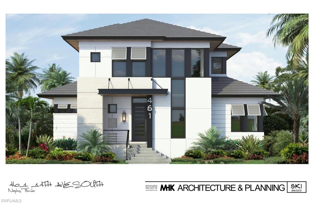 This tropical masterpiece, designed by MHK Architects and constructed by Waterside Builders, is scheduled for completion 2022/2023 in historic Olde Naples. The open contemporary floorplan features abundant natural light, and a private home office that allows you to run your business from paradise.  Interior design by Jeffrey Fisher Home combines bare elegance with luxury finishes like European Oak flooring, high-end appliances, lighting, and custom cabinetry throughout. The expansive first floor master suite features two large walk-in closets, a luxurious home spa, and direct access to the pool and spa. A dramatic floating staircase leads to three guest suites with private bathrooms, and a private fourth VIP guest suite. Second-level amenities include a morning bar, bonus room, laundry room, and a balcony overlooking the pool. The spacious outdoor living area features a private courtyard pool, compact outdoor kitchen, fireplace, ample seating, pool bath, and cabana. The two-car+golf cart garage is accessible from the north alley. Best of all, the home is located within walking distance of the Naples Pier and Beach, and the popular restaurants and boutiques on 3rd Street South.