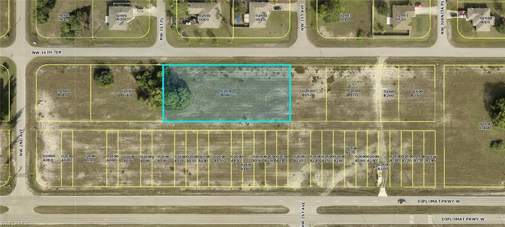 Large 8/10's of an acre commercial lot in path of progress for future commercial growth along Diplomat Pkwy Corridor in Cape Coral. 
Zoned for Self Storage, Retail, Professional Offices, Banks and Finance, Day Care Facilities, Animal Kennels, Pharmacy with or without a Drive through and more. At $2.15 a sqft it's a cost effective way to put aside money and reserve for future improvement or begin building high demand and lucrative businesses such as Self Storage, etc. 
Other adjacent land owners have expressed interest to me personally about selling as well so likely can be combined for a larger parcel.