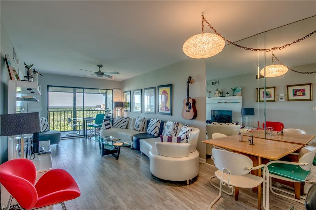 Come take a look at this Penthouse condo with a beautiful bay view from the lanai and Gulf views from the front. Located right across the street from the Wyndom Garden hotel with the beach access for this community on the North side, and this condo is just a short walk to restaurants and shopping! Estero Cove has a heated community pool, fishing pier, Bocce Court, Shuffleboard, nature trails, and Tennis Courts. This home has newer Stainless steel appliances and a newer A/C. Recently painted and laminate flooring completed. Owners have covered parking under the building and additional parking available. Fantastic location for your enjoyment and easy to rent.