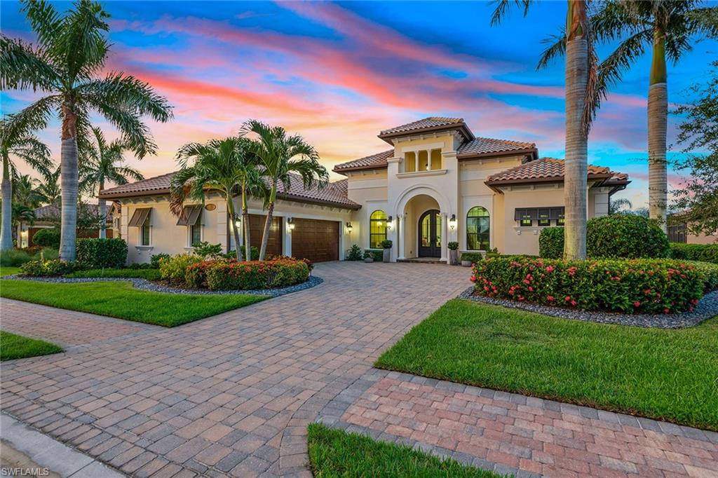 As you enter this beautifully furnished four-bedroom with den, 4.5-bath residence in prestigious gated neighborhood of Lakoya in Lely Resort, you are greeted by museum-style double doors, wood-look tile floors, impact windows and volume ceilings throughout. The living area features a coffered ceiling and custom built-in to create an atmosphere of grandeur and sophistication. The gourmet kitchen is outfitted with Thermador stainless appliances including a gas cooktop, and coffee and espresso machine. Seamlessly integrated into the design is a formal dining room and cozy breakfast nook with panoramic views of the sparkling pool and lake. The primary features are a coffered ceiling, two walk-in closets and a spa-like en suite with dual vanities. Each guest room offers an en-suite bath. Step out onto the large screened-in lanai and enjoy uninterrupted views of the serene lake from the saltwater pool and spa or covered lounging and dining areas. New generator, new washer and dryer. Enjoy tennis, pickleball, bocce, beauty salon, spa services, tiki bar, restaurant and resort-style pool. Two public golf courses in Lely Resort. Ideal location just 15 minutes to Old Naples and Marco Island.