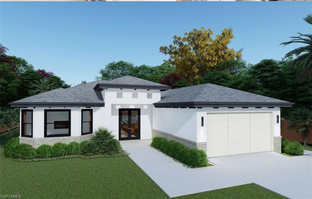 Custom Model Home in Lehigh Acres, 3BD+Den/2BA/2 Car Garage in a lot with a beautiful canal on the back This home features a modern open space design and ceramic tile floors throughout all areas. Ceiling fans in each bedroom, Living and master with control remote fans, custom tiled shower in Master bedroom with his and her walking closet, Gourmet kitchen with Island and 42” cabinets and granite countertops. LED pot lights, bright den/office room, 5.25" Baseboards molding and ceilings with crown molding in main living area and coffers. 2 car garage, with insulated garage doors. Full open French doors at living to covered Lanai, double French entry door, sprinkler system, Security impact system-all windows & doors. Split system HVAC. Separate laundry room-washer & dryer under A/C. The renderings are conceptual only to show the decorated home. Any buyer of the home should not rely on this rendering as being an accurate description. This house is under construction and is expected to be ready by June-2023, the good news is you are still on time to choose your finishes!