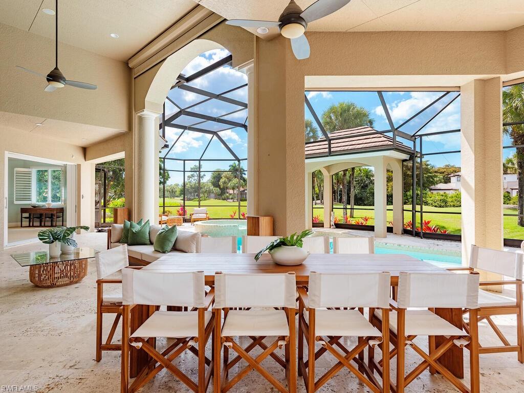 Welcome to Resort Style Living, Welcome to Grey Oaks! This luxurious estate home presents a unique opportunity to own a magnificent property situated on 2 exquisitely landscaped lots at the end of a cul-de-sac. Overlooking the 4th hole of Palm course, privacy is paramount for both guests and owners in this exceptional offering. Designed to facilitate seamless indoor and outdoor living, the main residence boasts 7,035 square feet of air-conditioned space, embodying both sophistication and outdoor leisure with its pool, spa, fountain, lanai, summer kitchen, and outdoor shower.  The interior is adorned with elegance, featuring a mahogany and glass front entry door embellished with scrolled ironwork, high tray and coffer ceilings, intricate faux finished details, arched niches, and exquisite wood and Saturnia marble flooring. The property is complete with amenities including a grand stone fireplace in the parlor, 2 offices, and wet bar, a gourmet kitchen equipped with state-of-the-art appliances, a leisure room with expansive built-in entertainment cabinetry, and a game room.  The master wing, accessed through an entry foyer, comprises a study, a gracious master bedroom with a sitting area, and a lavish bath and automated sliders that open to the expansive lanai. Two additional en-suite guest rooms are located on the first floor. Upstairs, two guest suites offer comfort, one of which includes a morning bar and an outside balcony. The property is completed with a porte-cochere entry, adding to its grandeur. The separate guest quarters features two bedrooms and two full bathrooms, inviting kitchen, and large living area.  Walk-in closets and a private elevator complete the 1,722 sqft guest oasis. The renovation completed in 2016 includes new kitchen , floors and baths , full generator, new roof, impact door and windows throughout, and garage space for 5 cars and two golf carts. This exceptional 7 bedroom home is not to be missed!
Grey Oaks Country Club is Naples one and only private club with 54 holes of golf. In addition, the club offers exclusive amenities for all, from the newly renovated wellness center to the lagoon style pool, tennis, pickle ball, bocce, restaurants, spa... the amenities are endless.