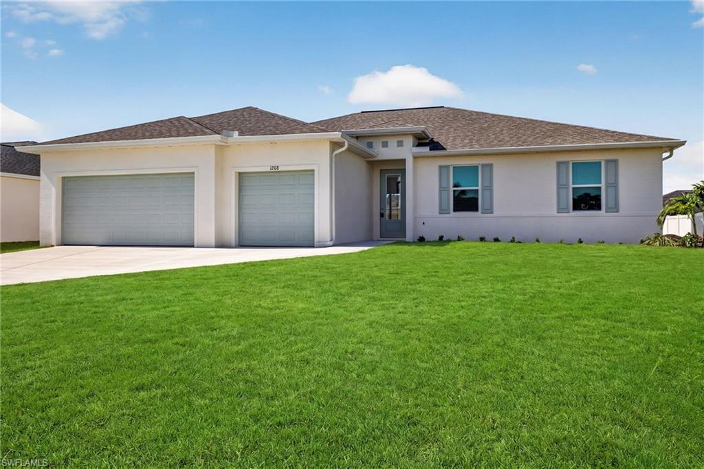 New Construction | Dual Primary Suites | 3 Bathrooms | 3-Car Garage | Move-In Ready | Welcome to the Bluewater Cove, an expansive single-story new construction home in Cape Coral offering 4 bedrooms, 3 bathrooms, and a highly sought-after dual primary suite layout—perfect for multi-generational living, visiting guests, or a private home office retreat. Designed for both comfort and entertaining, this open-concept floor plan features soaring tray ceilings, a spacious great room, and seamless indoor-outdoor living. The chef-inspired kitchen showcases quartz countertops, soft-close all-wood cabinetry, stainless steel appliances, a large center island with breakfast bar seating, and an oversized walk-in pantry. The primary owner's suite offers direct lanai access, dual vanities, a spacious walk-in closet, and a beautifully appointed glass-enclosed shower. A second private suite includes its own full bath and walk-in closet, providing exceptional flexibility and privacy. Two additional guest bedrooms are thoughtfully positioned within the split-bedroom design and share a third full bathroom. Step outside to the impressive 1,000-square-foot under-truss screened lanai, offering ample space to create your dream outdoor living area or custom pool retreat. Additional highlights include impact-resistant windows and doors, an elevated homesite outside the flood zone, energy-efficient systems, smart-home readiness, and a spacious 3-car garage. Conveniently located near shopping, dining, entertainment, and major roadways, with easy access to Fort Myers and Southwest Florida's beautiful beaches. Buillder backed by a 1-year workmanship warranty and 10-year structural warranty for added peace of mind. Some photos may be virtually staged. This is the Bluewater Cove floor plan.