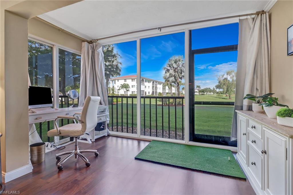 Listing agent gave up $3,000 in commissions for a sale price total of $390,000. NEWLY STAGED, bright. and NOT  a 55+ building!  This is a bright END corner unit very upgraded.corner unit with open view of golf course and lighted fountains at night from your finished glassed lanai. Very Bright side windows face South and parking is right outside your door. Updates include Remodeled updated open kitchen with beautiful granite and recessed ceiling. Both baths are remodeled and newly tiled and an entertainment bar is across from the updated kitchen. Other updates include newer flooring, and plantation shutters. The linai has been opened to the living room for extra living space with Hurricane glass. Master suite bath area is totally remodeled with a Master shower. All newer windows are hurricane. New refrigerator and dryer along with a new 65" TV.  This one has all the extras.  Enjoy endless vacation lifestyle with FREE GOLF,, 6 pools, clubhouse with pro shop, restaurant, gym, and a full social calendar all at no extra cost. Just 1.5 miles from 5th Ave, 1 mile to beaches and Venetian Village, 3 miles to Mercado, Come enjoy paradise. Free wifi and basic cable is included in your quarterly dues.   NOT A 55+ Building.  AGENTS see Remarks and Driving info.