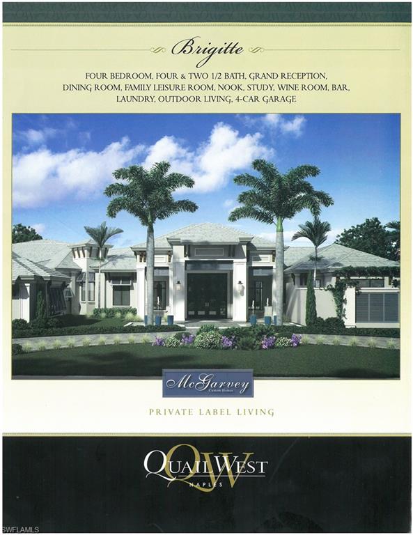 The Brigitte by McGarvery Custom Homes featuring over 6000 square feet of air conditioned living space, accented by over 1300 sq. ft. pool deck plus  outdoor and kitchen & dinning, the natural flow of this enhance the Florida lifestyle of indoor and outdoor living with an organic mix of natural material and dimensional effects.  French Oak wood flooring through accents the nature inspired color palette and gorgeous granite slabs throughout the home.  A formal dining area and a breakfast room, as well as the amazing open kitchen with Wolf and Sub Zero appliances, and a state of the art glass walled, temperature controlled wine room make the Brigitte ideal for entertaining.  The 3 en-suite guest rooms are perfect for family and friends to enjoy.  This masterfully designed home allows you and your guests to take in the views of the lake and Quail West Golf course while you dine, inside or out.  Additional features include an outdoor fire-pit conversation area, 900 square foot pool and spa, large pantry, grand reception room with bar, zero comer pocket sliders, 4 car garage. Closing price of $4,500,000 includes a furniture package valued at $375,000.00.