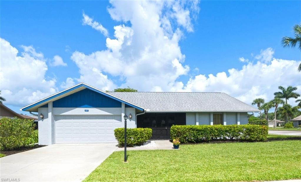 This charming home sits on a desirable corner lot and has excellent curb appeal. The open floor plan is versatile with a glass-enclosed Florida room on the back and a screened porch on the front. With 1,706 s/f under air and a two-car garage, the home is spacious with plenty of room for storage. The Master BR has vinyl plank flooring and a walk-in closet with custom shelving. In the Master BA is a walk-in shower. The kitchen has a tile backsplash. The interior and exterior walls have been freshly painted. There are storm shutters for some windows, awnings for others, and a well for lawn irrigation, which saves serious money on the water bill. The big-ticket items are all squared away for a buyer seeking financing: roof (2018), A/C (2022), water heater (2023). It's a very nice home at a fantastic price point—one of the lowest prices per square foot in Naples! Riviera Golf Estates is a quiet and friendly 55+ community with a low HOA fee of only $144/month (includes basic internet). Amenities include a heated saltwater pool with lap lanes, tennis/pickleball/bocce courts, exercise room, shuffleboard, billiards room, library, and a large clubhouse with a very active social calendar. The community is located just eight miles from some of the most beautiful beaches in the country and its only a ten-minute drive to the charming shops and restaurants downtown. This is Florida living at its finest, and at a very affordable price!