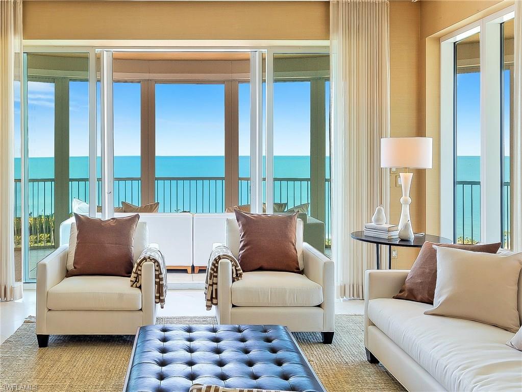 Newly staged to perfection by Meridith Baer Home in a coastal contemporary style with clean lines. Overlooking the Gulf of Mexico with ideal western exposure plus views to the north and south, this coveted high floor 02 floor-plan encompasses over 5,700 total square feet including three terraces, open concept plan and direct Gulf views. The spacious living and dining areas feature floor-to-ceiling windows. Upon entering, one is immediately drawn to the spectacular sea of blue, the walls of glass and natural light. Aria on Park Shore Beach is one of Naples’ finest and Park Shore’s newest beach front luxury condominium. Aria is pet friendly, renowned for its stunning architecture, delivering 270-degree views and memorable sunsets, and its beach front location and five-star amenities are among the very best.