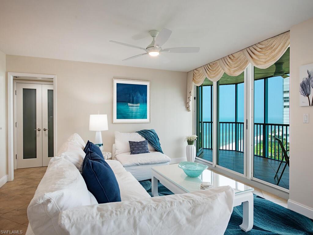 The beach as your backyard is just part of living in this renovated two-bedroom, two-bath sky home with views of the Gulf of Mexico and Venetian Bay.  Extra air-conditioned storage and underbuilding garage parking, being offered furnished for your convenience. This amenity-rich building with sauna and steam rooms, gulf-side pool and spa, a fitness room, library, community rooms for socializing, 24-hour security and four guest suites for overflow guests.  Live in the esteemed Park Shore neighborhood and enjoy a stroll to Venetian Village for a day of shopping, stop for lunch and an afternoon beverage, or enjoy a romantic dinner overlooking the bay at one of the many fine restaurants.