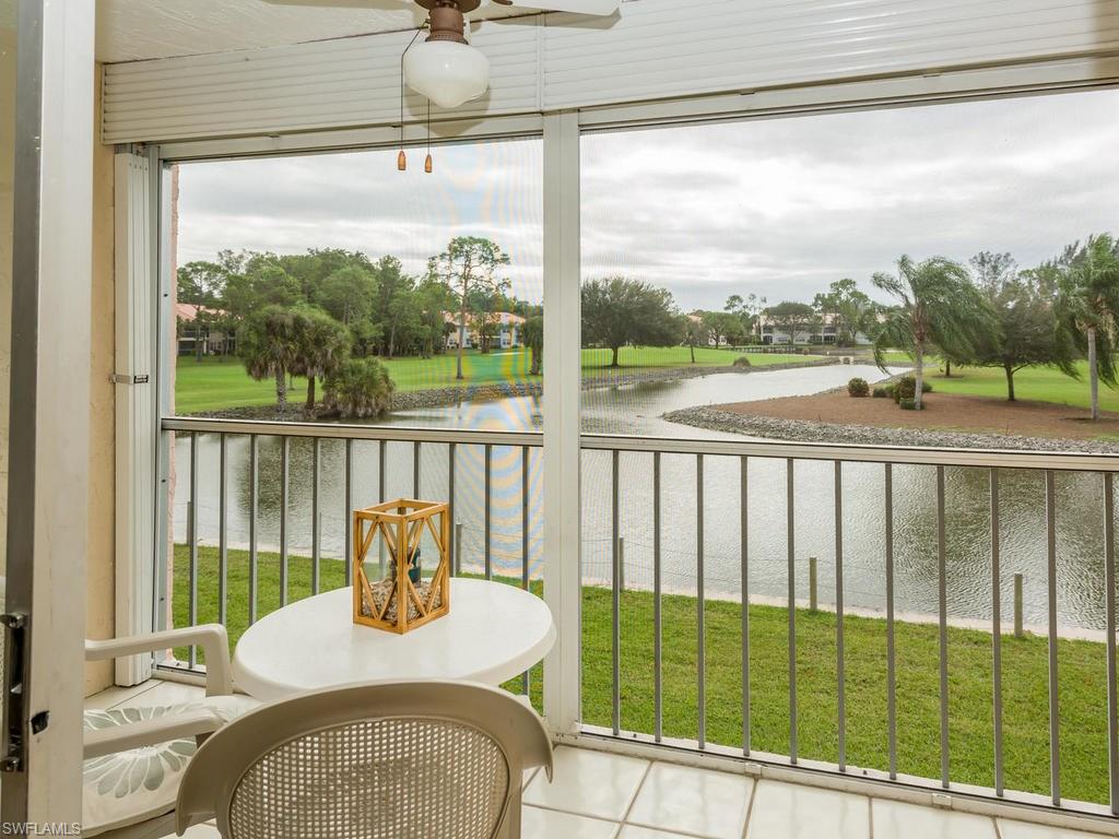 Great investment opportunity or the perfect vacation home to escape those cold winters up north! Amazing views of the lake and golf course as you enjoy the fresh air on the screened in balcony. This 2 Bedroom/ 2 Bathroom unit has been well maintained with lots of updates including kitchen with stainless steel appliances, new carpet through out, all new trim, and freshly painted!  This unit is move in ready, it comes fully furnished and decorated!   Front Doors are being replaced by Assn within the next two months (paid)  The unit comes equipped with automatic hurricane shutter.