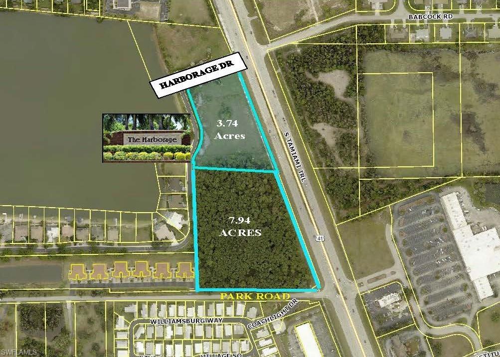 Great development opportunity along US 41 in South Fort Myers.  11.68 acres on the west side of US 41 between Harborage Drive and Park Road.  Commercial zoning and Urban land use.  A range of commercial uses permitted. Traffic volumes in excess of 50,000 daily.  Population within a mile radius 90,000 with an average household income  $100,499.