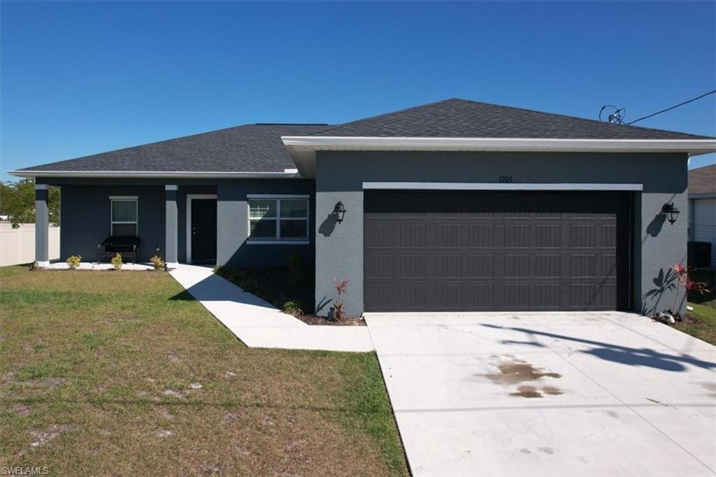 Back on the market! Buyer's financing fell through. HOME IS TENANT OCCUPIED. PLEASE DO NOT WALK ON THE PROPERTY OR DISTURB TENANTS. Month to month lease. Like new 2021-built concrete block home in desirable Northwest Cape Coral. On well and septic (no assessments) and no flood zone. It features a large open concept living space with a separate dining area, quality vinyl plank flooring, split bedroom floorplan, 9’ ceilings, and large under-truss lanai. The bright kitchen features a large island, white Shaker cabinets, granite countertops, stainless steel appliances, and pantry. The large master bedroom has a bright en-suite bath with granite counter tops, dual sinks and a large, tiled walk-in shower. Convenient to Pine Island Road and shopping, dining, and entertainment. Seller requests cash or conventional financing offers only.