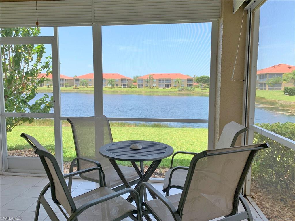 Great location in community! 1st floor End Unit offering 3 bedrooms, 2 full baths, nice sized laundry room with washer and dryer, gorgeous wide lake views from lanai to watch sunsets or fish jump.  This residence also comes with a private detached garage with opener and space for extra storage plus an additional assigned parking spot. All lanai screens have been replaced July 2020.  NEW ROOF 2020. There is a storage area on the lanai and roll down shutters.  There is an alarm system. Cable and Internet is included in HOA fees. Huntington Lakes is a gated community with a clubhouse, pool, spa, 2 additional pool throughout the community, exercise room, billiards, library/game room, tennis, bocce ball courts and 2 miles of paved sidewalks for walking and biking.  Huntington Lakes is also a pet friendly community.  Easy to view.