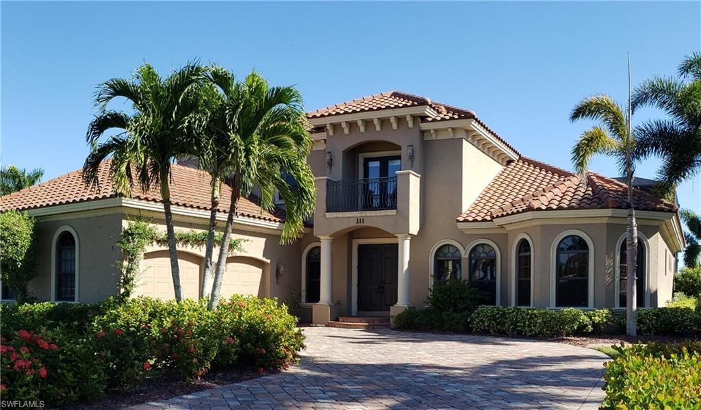 Located on the cul-de-sac corner of SW 56th Terrace, this Mediterranean style home is everything you could wish for and more.  Beautifully appointed inside and out, and located just a few minutes from the Caloosahatchee River. This home is South of the power wires that cross the Bimini Canal at El Dorado, so there is no limit on overhead height for your vessel.  There is a 10,000 lb lift on the North side of the property, and the outer pilings were set up for a 50' Sea Ray.  Corners like this one rarely come on the market.