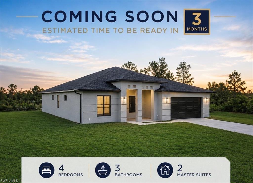 COMING SOON Estimated Completion: Approximately 3 Months Model Home Available for Viewing Today This stunning new construction home offers 4 bedrooms, 3 bathrooms, and 2,999 total square feet, featuring two spacious primary suites. The main suite includes his-and-hers walk-in closets, a luxurious bathroom with a soaking tub, and elegant finishes throughout. Designed with modern living in mind, this home showcases tray ceilings, tile flooring throughout, stainless steel appliances, high ceilings, and a bright open-concept layout. Enjoy added peace of mind with impact-resistant windows and doors. Conveniently located in Lehigh Acres, this beautiful property combines style, comfort, and functionality in a growing community you’ll love to call home. Seller is now accepting offers. Submit your offer today and secure this home before completion!
