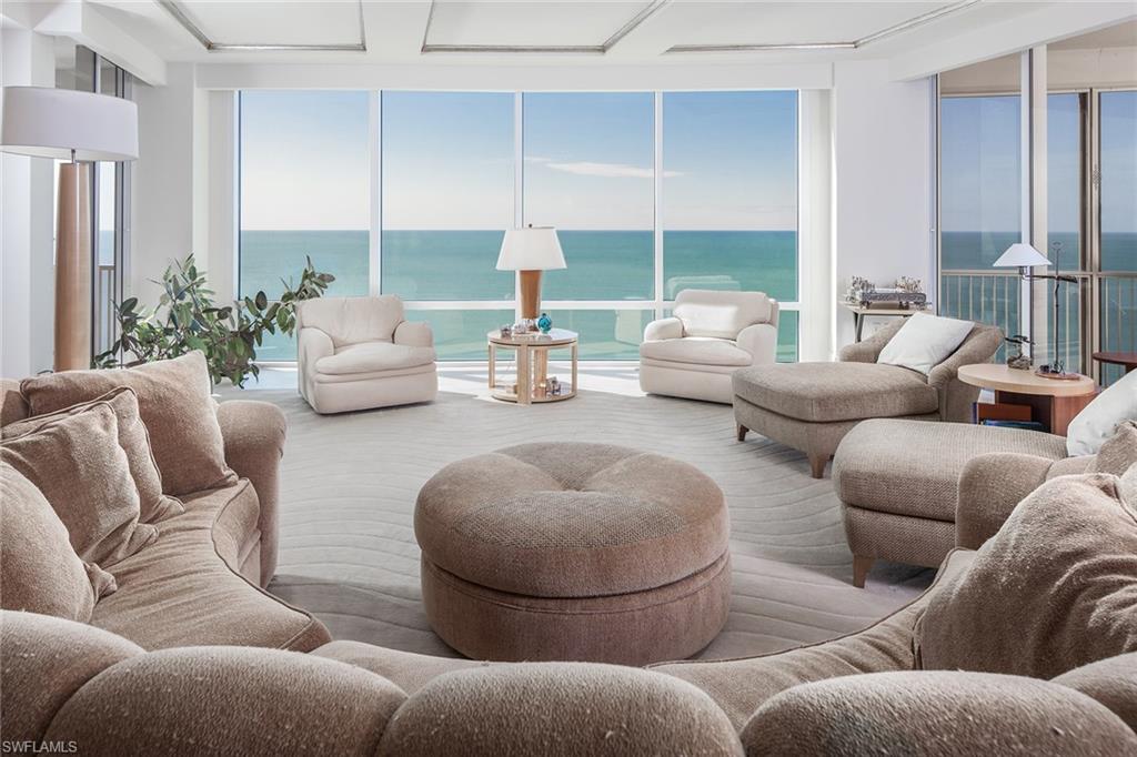 Epitome of Naples!  Le Rivage Estates Eighteen South & Estate Eighteen North combined offer an incredibly UNIQUE & RARE OPPORTUNITY!  Portraying a penthouse lifestyle that boasts a phenomenal 360-degree view encompassing 12,000 AC square feet. Architectural features are endless and the opportunity priceless.  Priced and available individually.
Casual beachfront elegance directly on the beach!  Le Rivage Estate Eighteen South boasts a sensational seaside setting capturing soaring Gulf views…explosive sunrises and dynamic sunsets.
Encompassing 6,062 sq. ft., the architectural design features ten-foot-high ceilings, eight foot doors, along with dramatic walls of glass. Eighteen South boasts expansive lanai’s, a spacious great room, gas fireplace, gourmet kitchen, family room and a spectacular custom library. The master suite is graciously nestled beachside.  Additional guest suites have captivating Venetian Bay views. Le Rivage offers the ultimate lifestyle, privacy, amenities, security.  Steps from the Venetian Village, fine dining, boutique shopping…all in the heart of Gulf Shore.