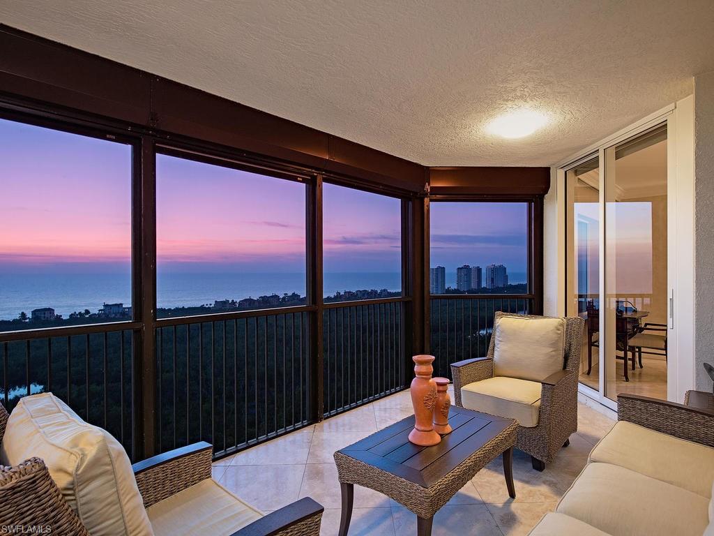 Luxury 21st Floor Living at Marbella in Pelican Bay.  This 4,200 Sq Ft double unit provides sweeping vistas in every direction. A large balcony overlooks the Pelican Bay Golf Course and Preserve offering incredible sunrises, and two gracious screened in lanais overlook the Gulf of Mexico with incredible sunset opportunities.  This freshly renovated  residence has a unique floor plan and offers 2 Master Suites (both with their own office/den) and a VIP Guest Suite for friends and family.  This unit was renovated to the highest standards and was impeccably maintained. The Marbella features hotel style amenities and offers incredible in-house dining along with several other services.  Ideally located just a short walk to the beach and Pelican Bay Private Beach Pavilion and tram station.
