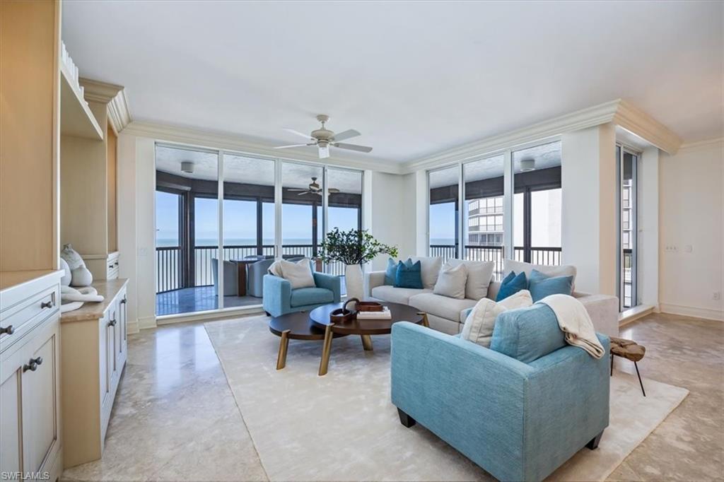 Welcome to The Biltmore 1704. This spectacular residence in the private gated community of Bay Colony in Pelican Bay offers a spacious floor plan with two balconies to enjoy exceptional views of the Gulf of Mexico. The highly coveted "04" plan features remarkable views from every living area. Freshly painted throughout and now unfurnished, 1704 is a light and bright canvas ready to make your own. Floor to ceiling sliders lead out to the balconies, setting the stage for the ultimate indoor-outdoor Florida lifestyle. Each bedroom has direct balcony access and a private en-suite bathroom. The Biltmore features a twenty-four hour staffed front desk, inviting gathering spaces, and a state-of-the-art fitness center. Step outside to enjoy the newly renovated resort style pool, spa, pool deck with grilling pavilion, and beach boardwalk. Bay Colony residents have exclusive use of the Bay Colony Beach Club with attended beach service, indoor and outdoor beachfront dining, and tennis club. Two garage spaces and additional storage unit convey with the property.  The spectacular amenities of Pelican Bay, including two beach clubs are also yours to enjoy.